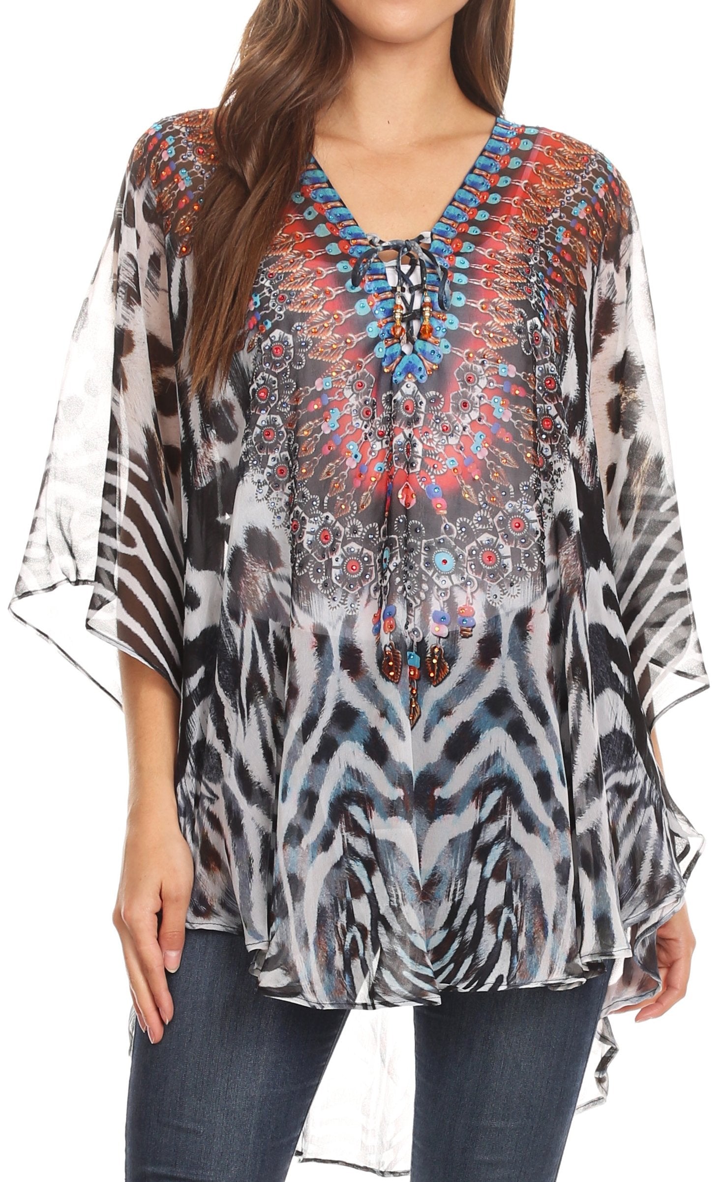 Sakkas Sloane Women's Printed V Neck Loose Fit Casual Circle Top Blouse with Ties - Concordia Style Boutique