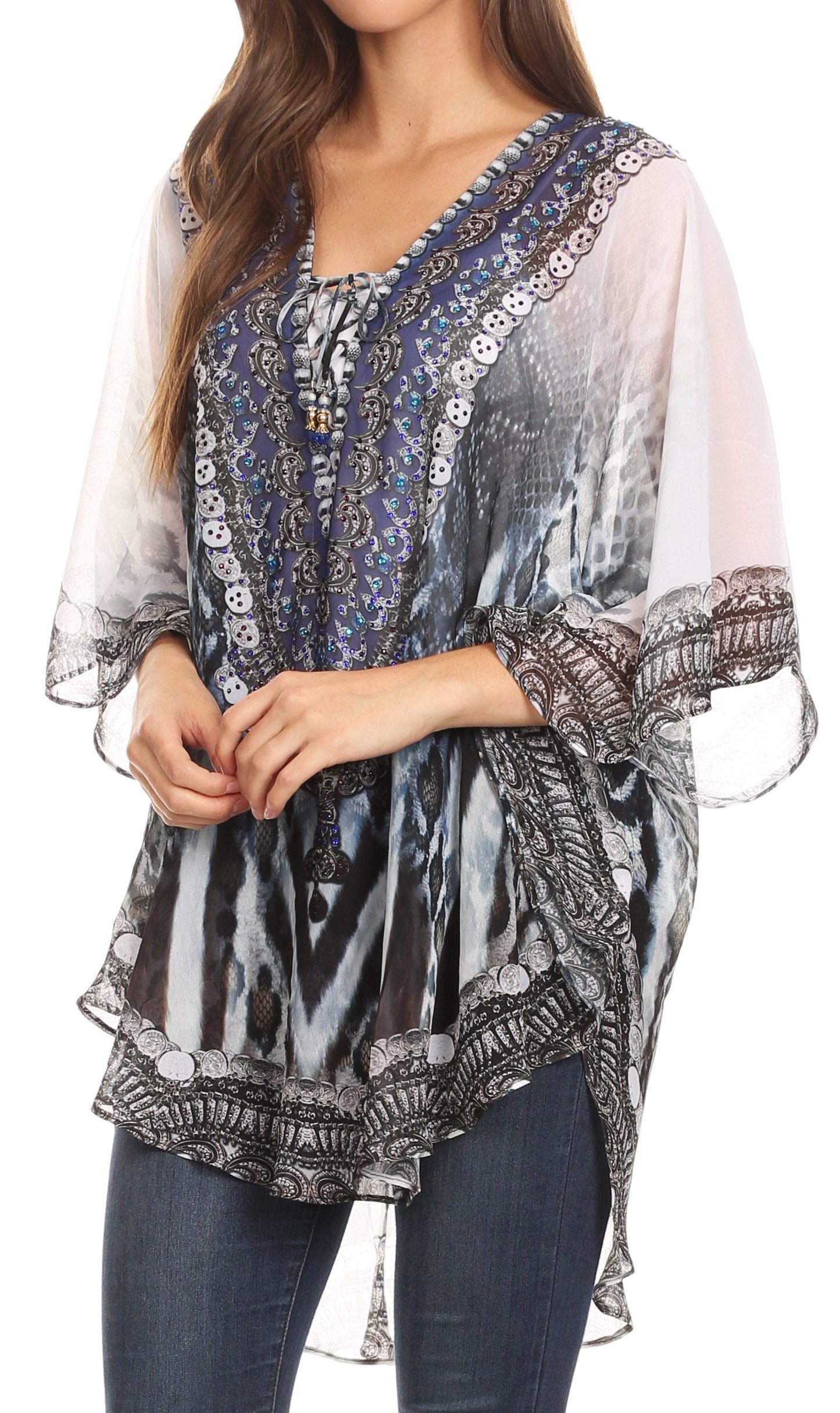 Sakkas Sloane Women's Printed V Neck Loose Fit Casual Circle Top Blouse with Ties - Concordia Style Boutique