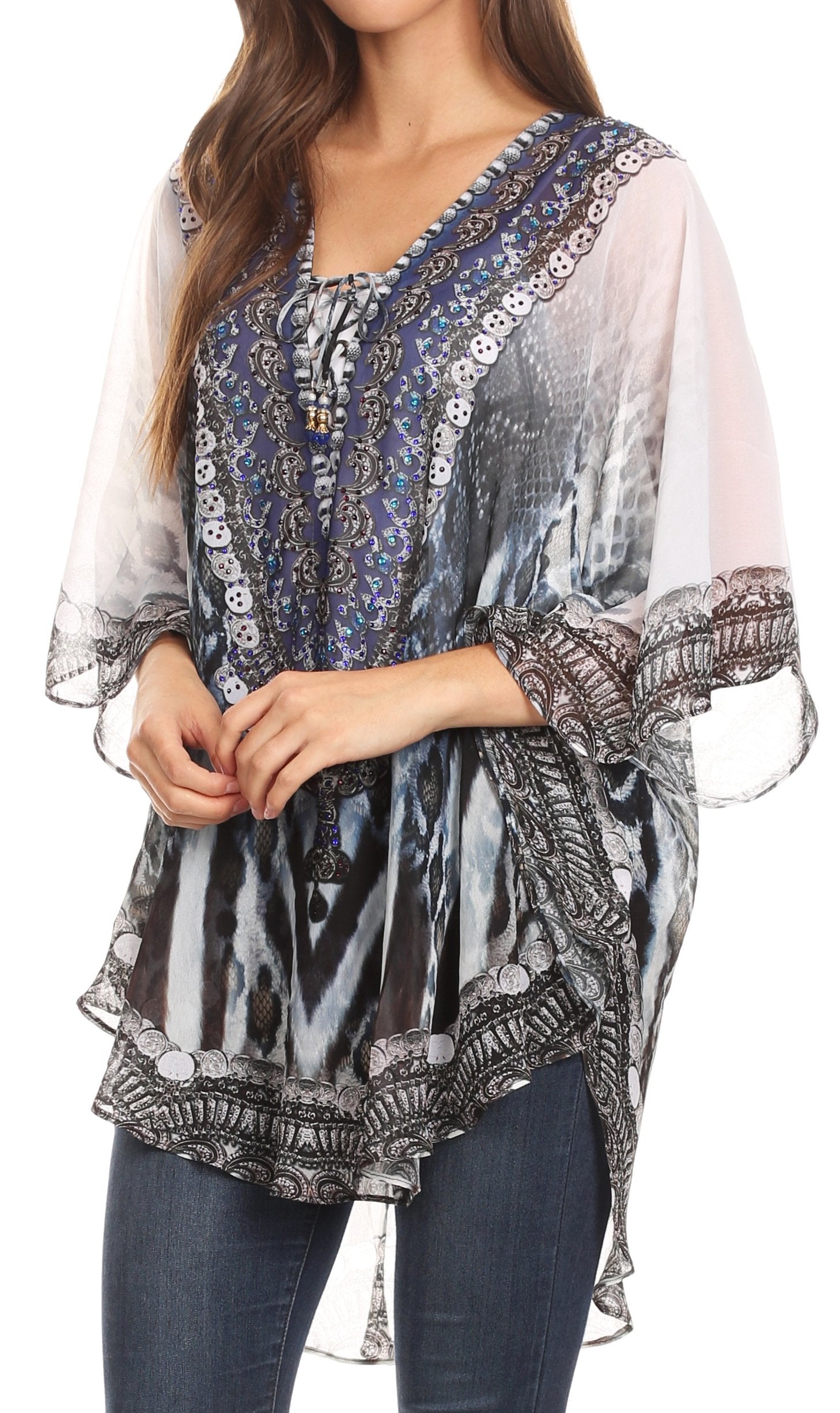 Sakkas Sloane Women's Printed V Neck Loose Fit Casual Circle Top Blouse with Ties - Concordia Style Boutique