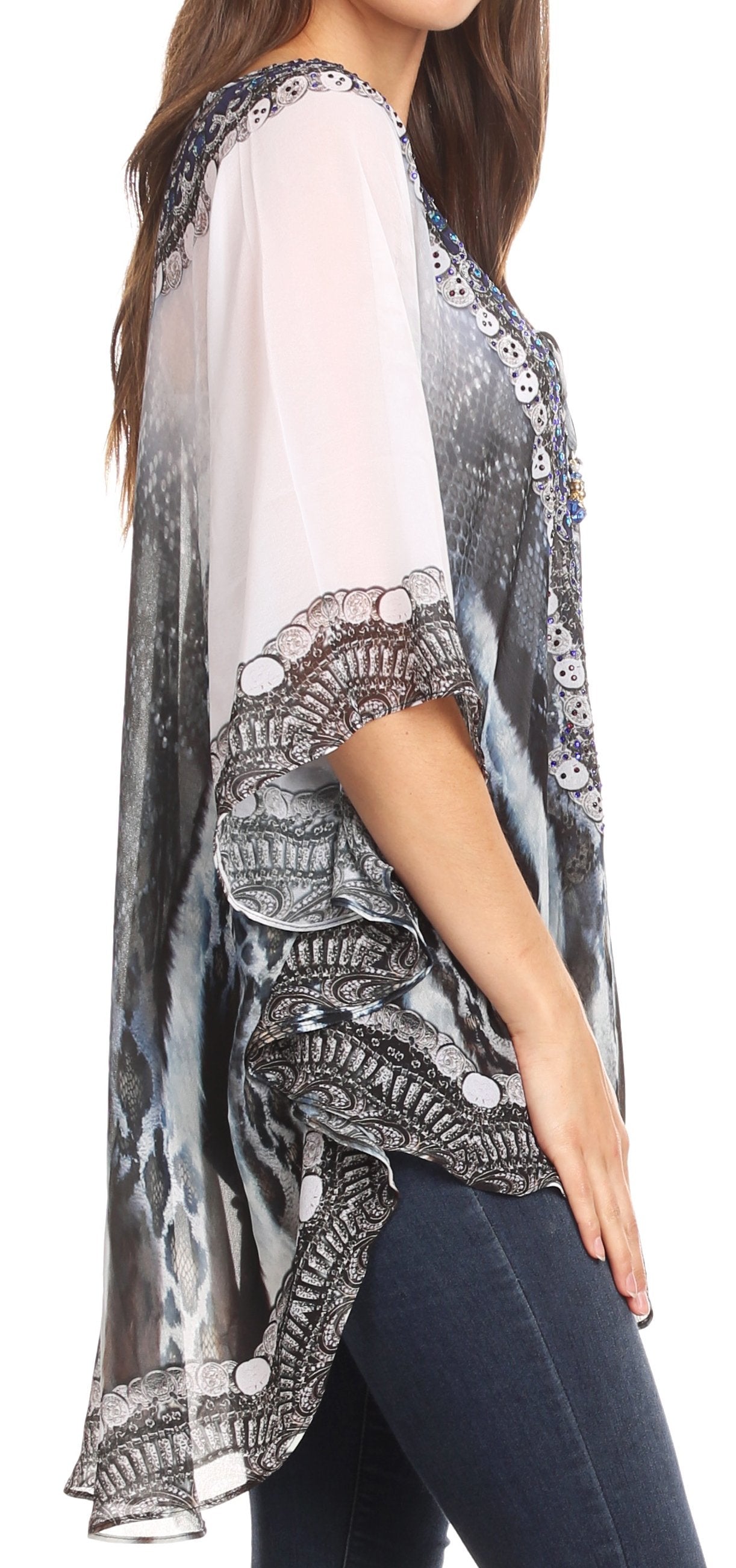 Sakkas Sloane Women's Printed V Neck Loose Fit Casual Circle Top Blouse with Ties - Concordia Style Boutique