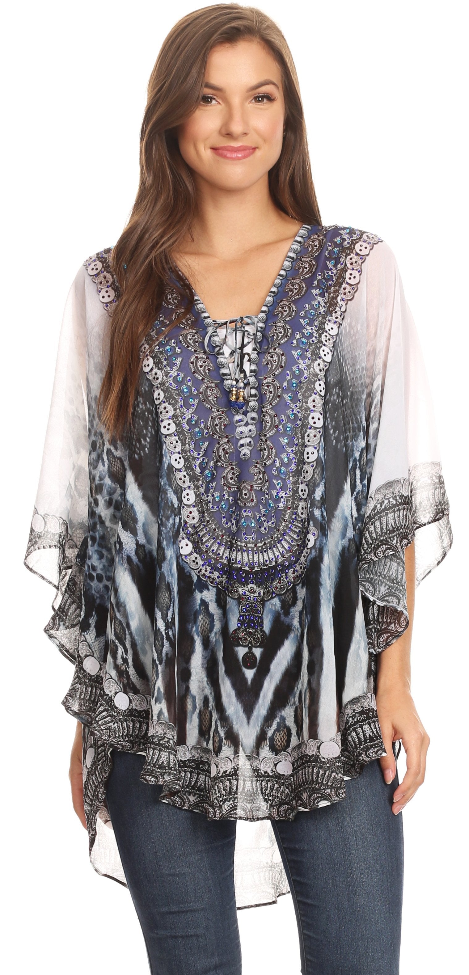 Sakkas Sloane Women's Printed V Neck Loose Fit Casual Circle Top Blouse with Ties - Concordia Style Boutique