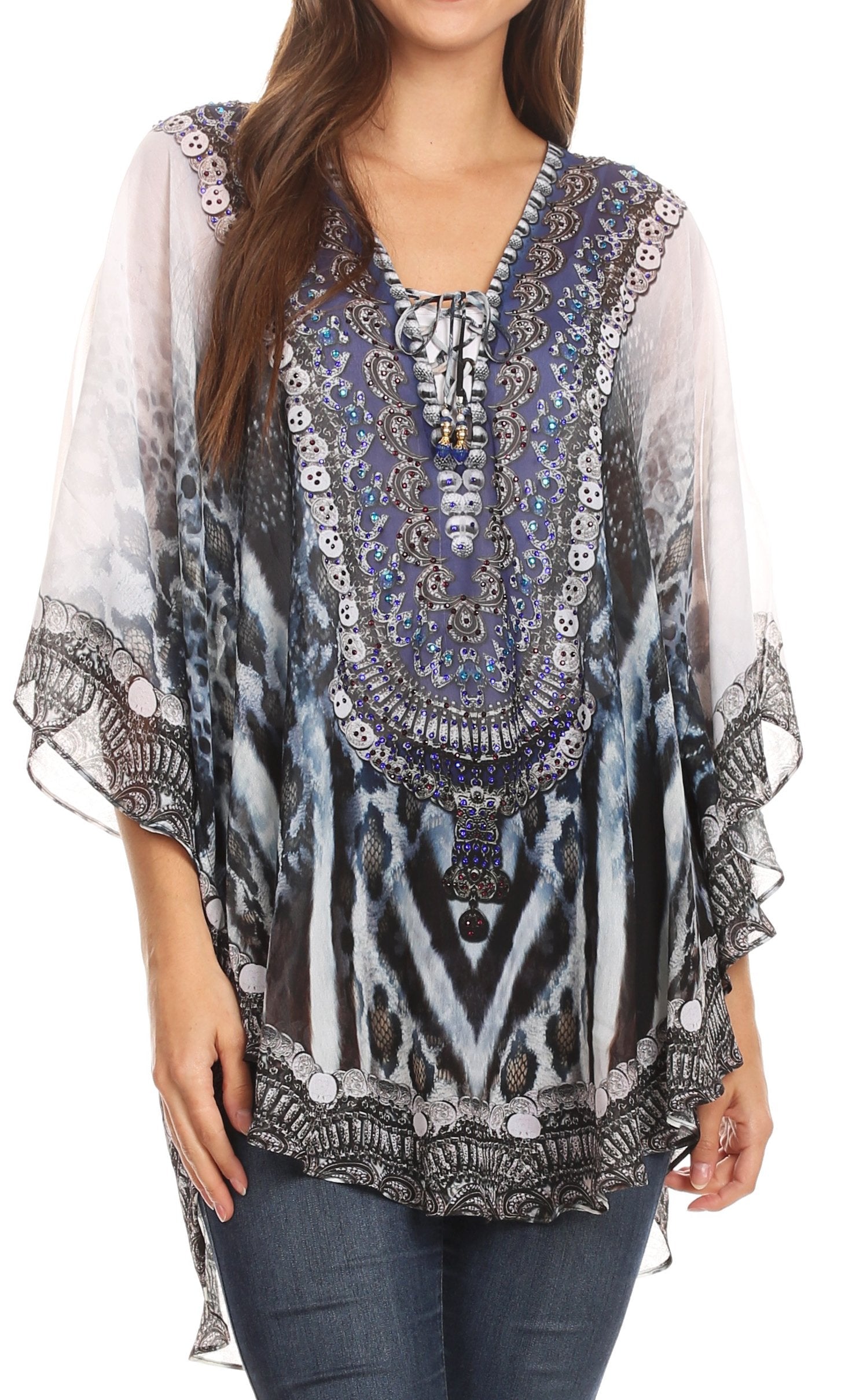 Sakkas Sloane Women's Printed V Neck Loose Fit Casual Circle Top Blouse with Ties - Concordia Style Boutique