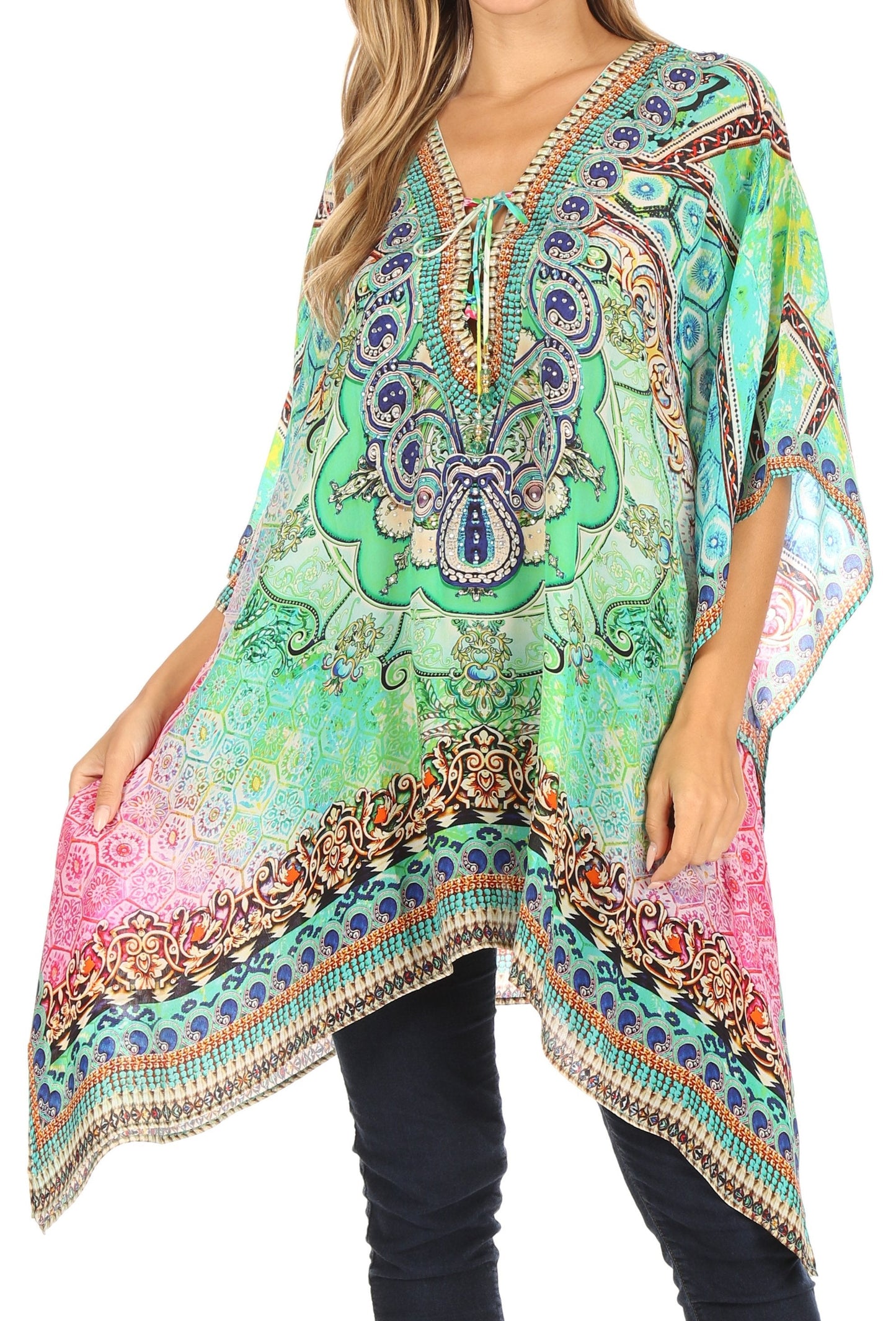 Stylish Rhinestone Lace-Up V-Neck Women's Caftan Poncho Cover-Up by Sakkas Aymee - Concordia Style Boutique