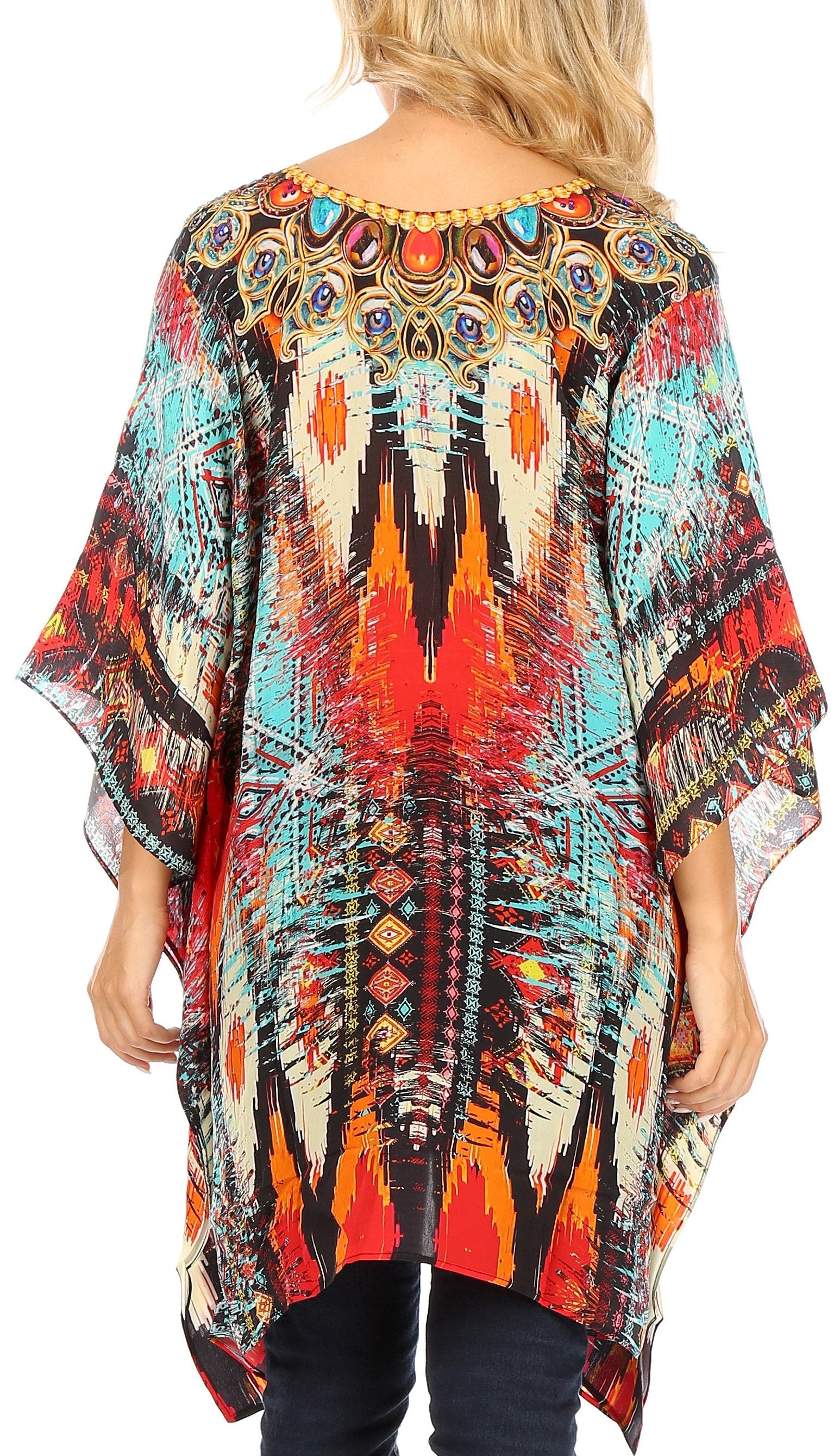Stylish Rhinestone Lace-Up V-Neck Women's Caftan Poncho Cover-Up by Sakkas Aymee - Concordia Style Boutique