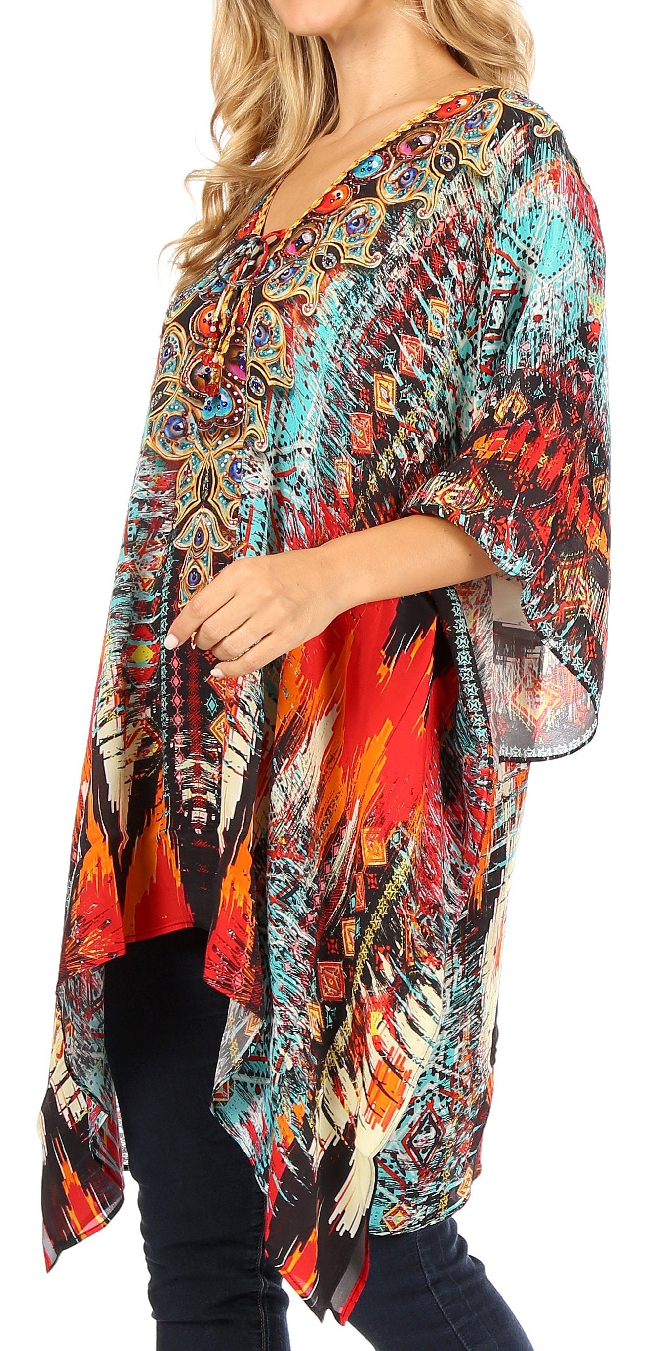 Stylish Rhinestone Lace-Up V-Neck Women's Caftan Poncho Cover-Up by Sakkas Aymee - Concordia Style Boutique