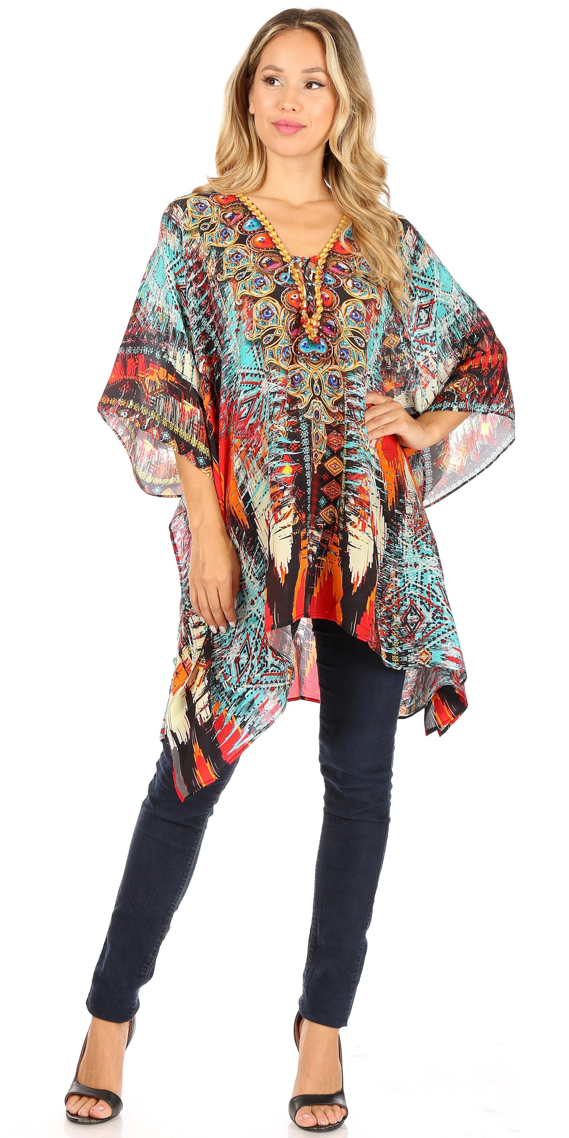 Stylish Rhinestone Lace-Up V-Neck Women's Caftan Poncho Cover-Up by Sakkas Aymee - Concordia Style Boutique