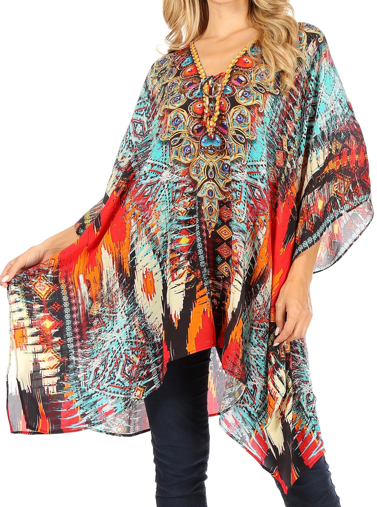Stylish Rhinestone Lace-Up V-Neck Women's Caftan Poncho Cover-Up by Sakkas Aymee - Concordia Style Boutique