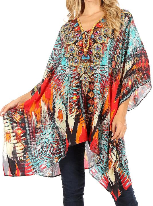 Stylish Rhinestone Lace-Up V-Neck Women's Caftan Poncho Cover-Up by Sakkas Aymee - Concordia Style Boutique