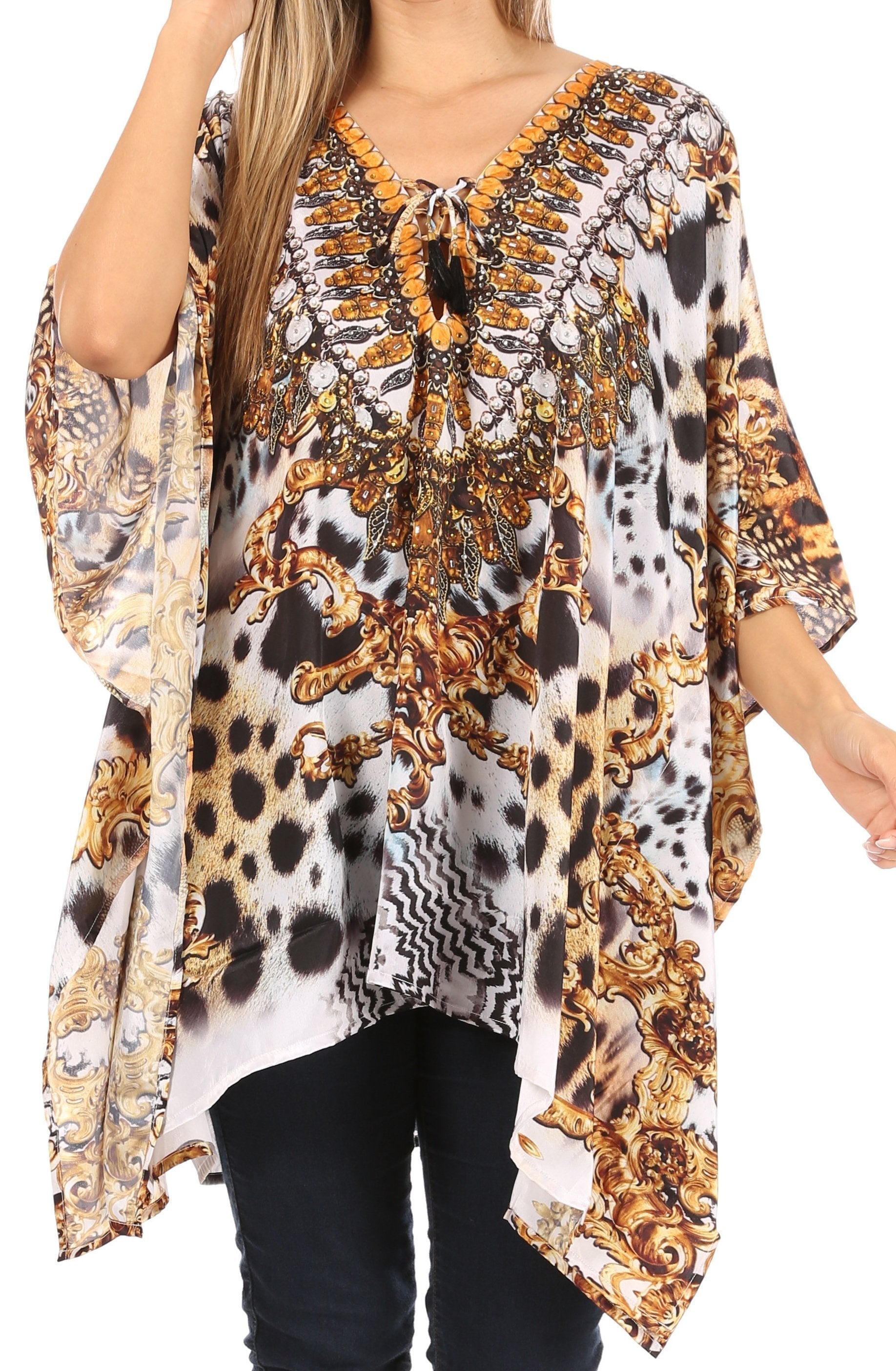 Stylish Rhinestone Lace-Up V-Neck Women's Caftan Poncho Cover-Up by Sakkas Aymee - Concordia Style Boutique