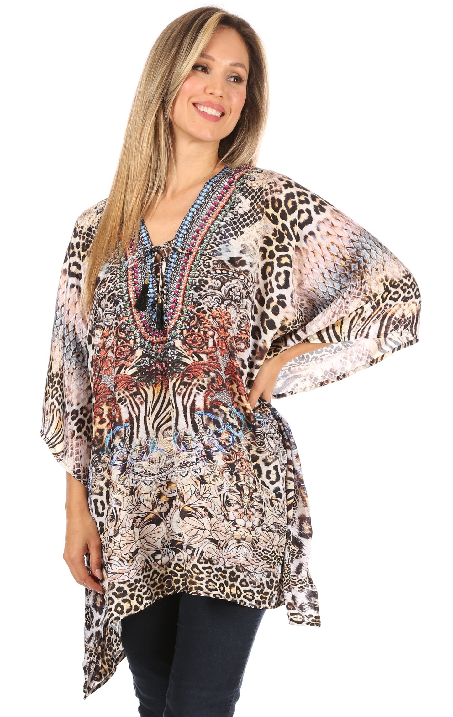 Stylish Rhinestone Lace-Up V-Neck Women's Caftan Poncho Cover-Up by Sakkas Aymee - Concordia Style Boutique