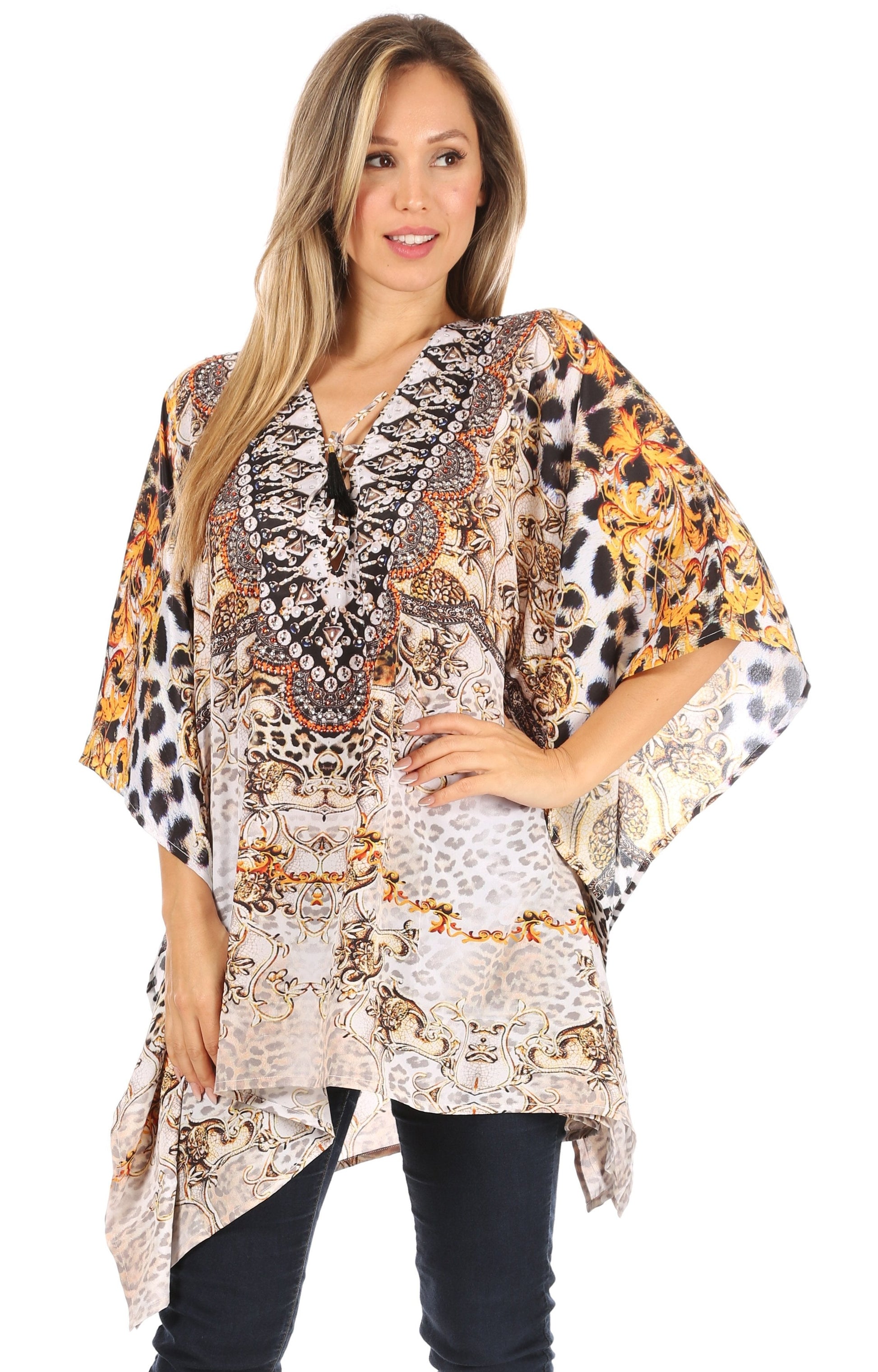 Stylish Rhinestone Lace-Up V-Neck Women's Caftan Poncho Cover-Up by Sakkas Aymee - Concordia Style Boutique