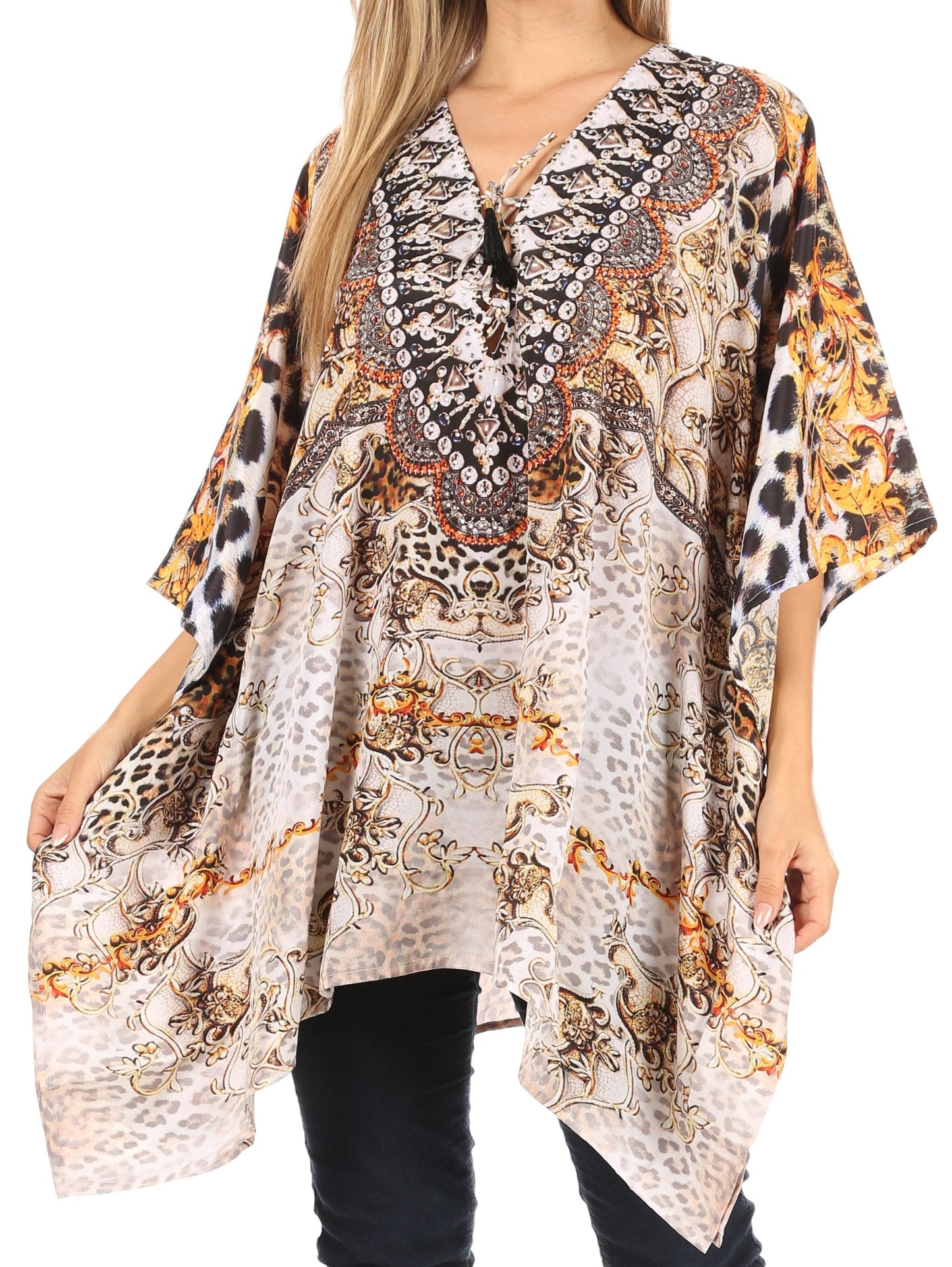 Stylish Rhinestone Lace-Up V-Neck Women's Caftan Poncho Cover-Up by Sakkas Aymee - Concordia Style Boutique