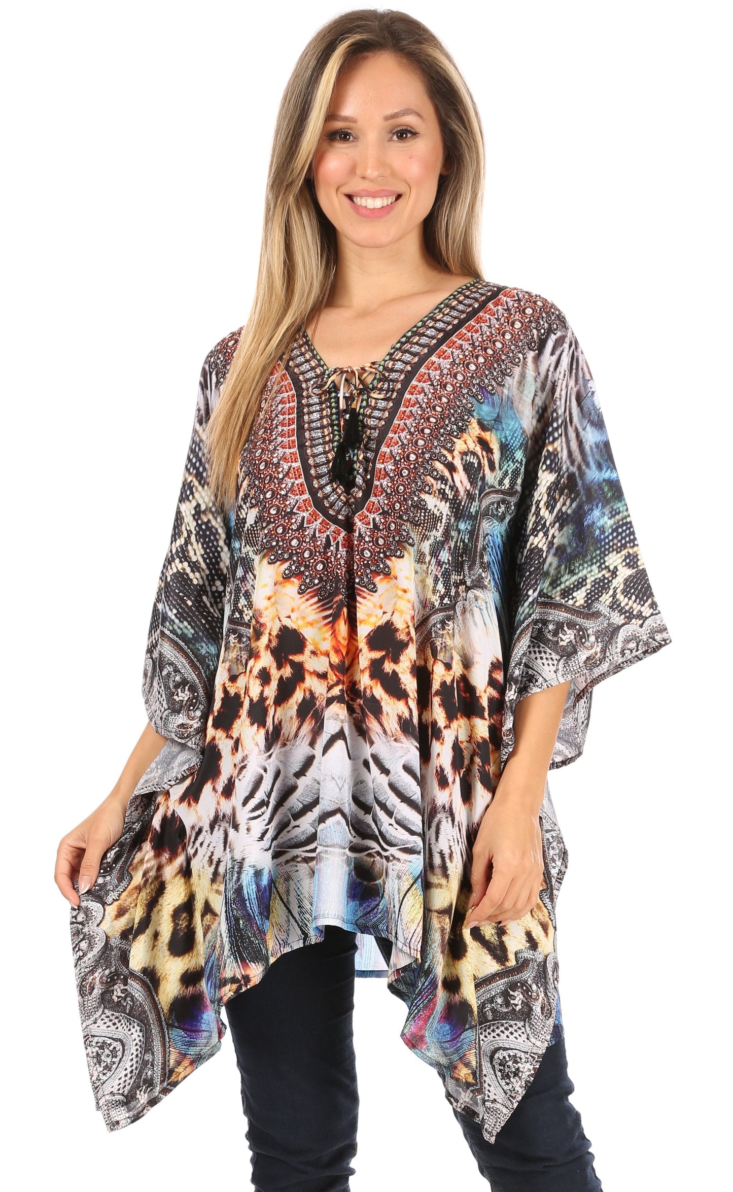 Stylish Rhinestone Lace-Up V-Neck Women's Caftan Poncho Cover-Up by Sakkas Aymee - Concordia Style Boutique