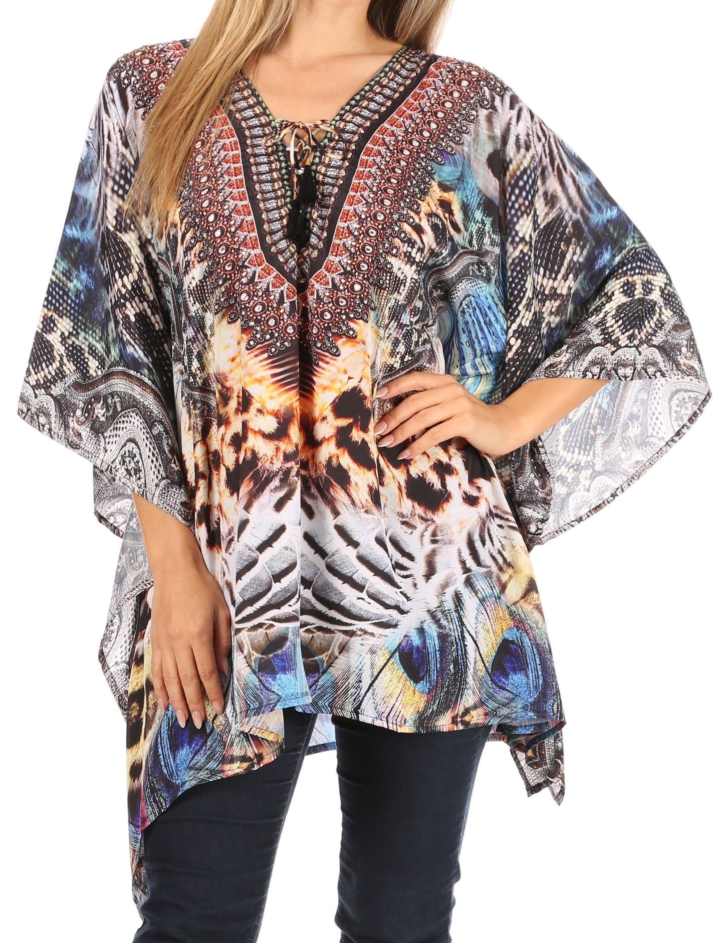 Stylish Rhinestone Lace-Up V-Neck Women's Caftan Poncho Cover-Up by Sakkas Aymee - Concordia Style Boutique