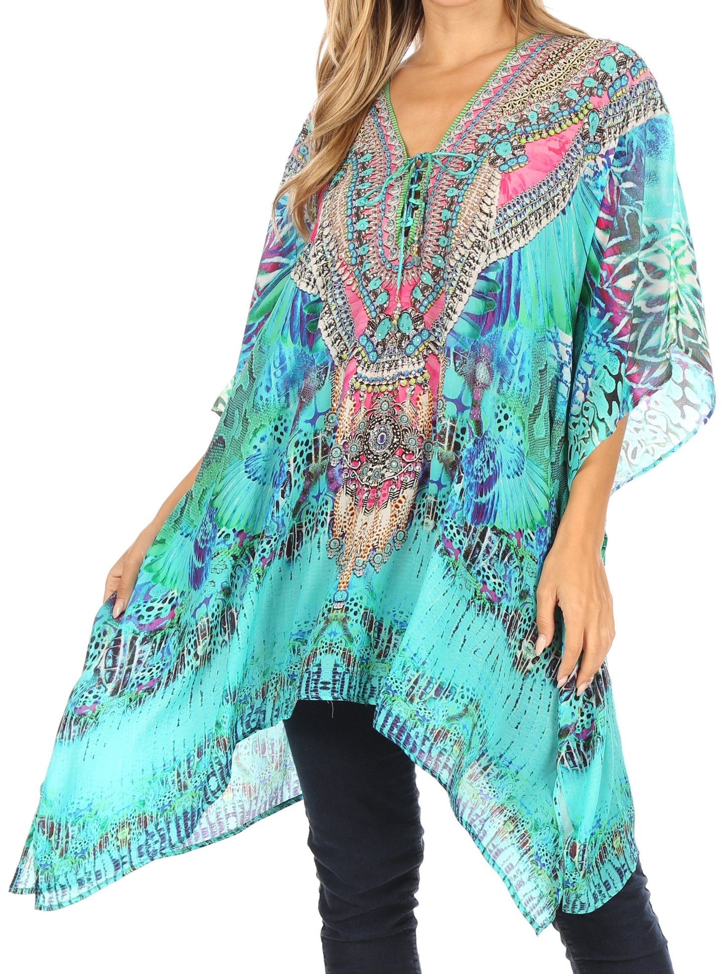 Stylish Rhinestone Lace-Up V-Neck Women's Caftan Poncho Cover-Up by Sakkas Aymee - Concordia Style Boutique