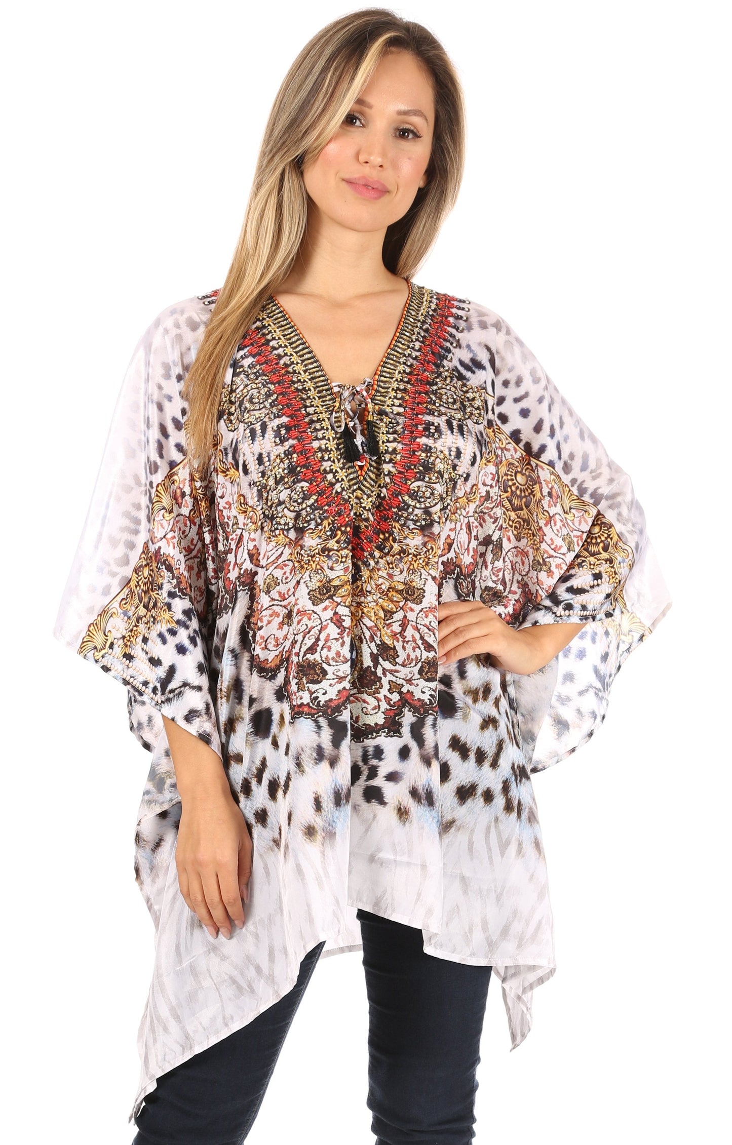 Stylish Rhinestone Lace-Up V-Neck Women's Caftan Poncho Cover-Up by Sakkas Aymee - Concordia Style Boutique
