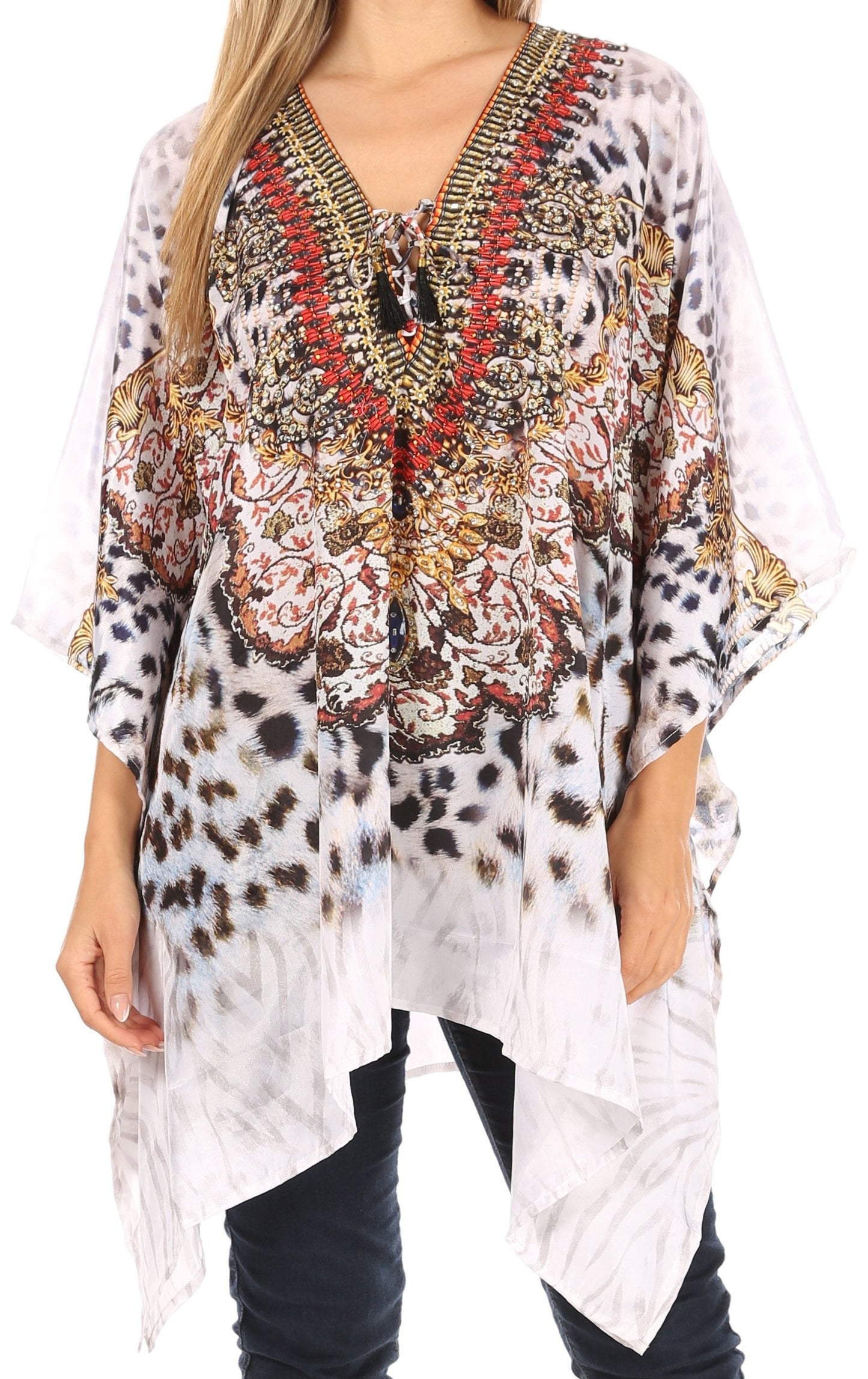 Stylish Rhinestone Lace-Up V-Neck Women's Caftan Poncho Cover-Up by Sakkas Aymee - Concordia Style Boutique