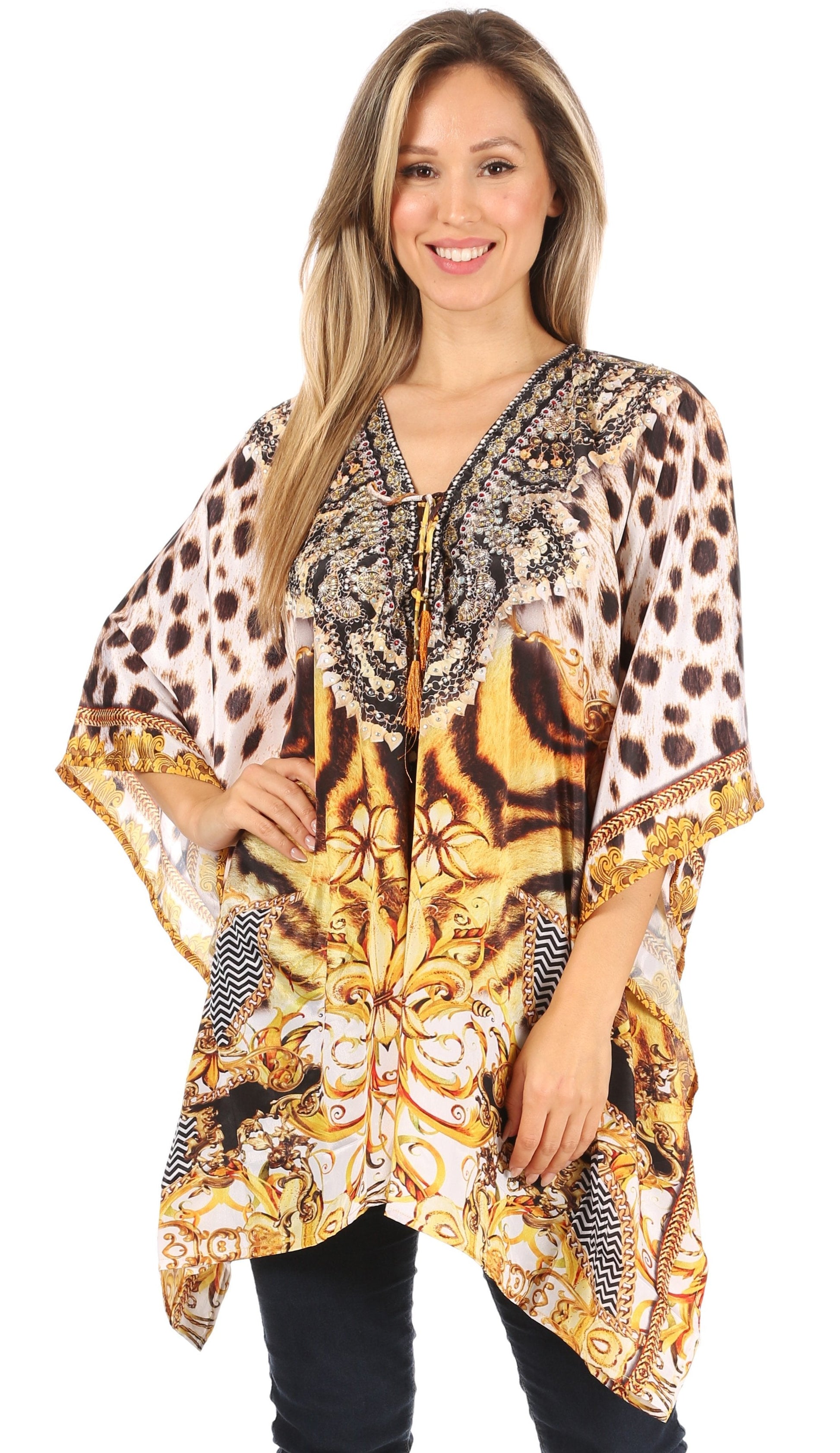 Stylish Rhinestone Lace-Up V-Neck Women's Caftan Poncho Cover-Up by Sakkas Aymee - Concordia Style Boutique