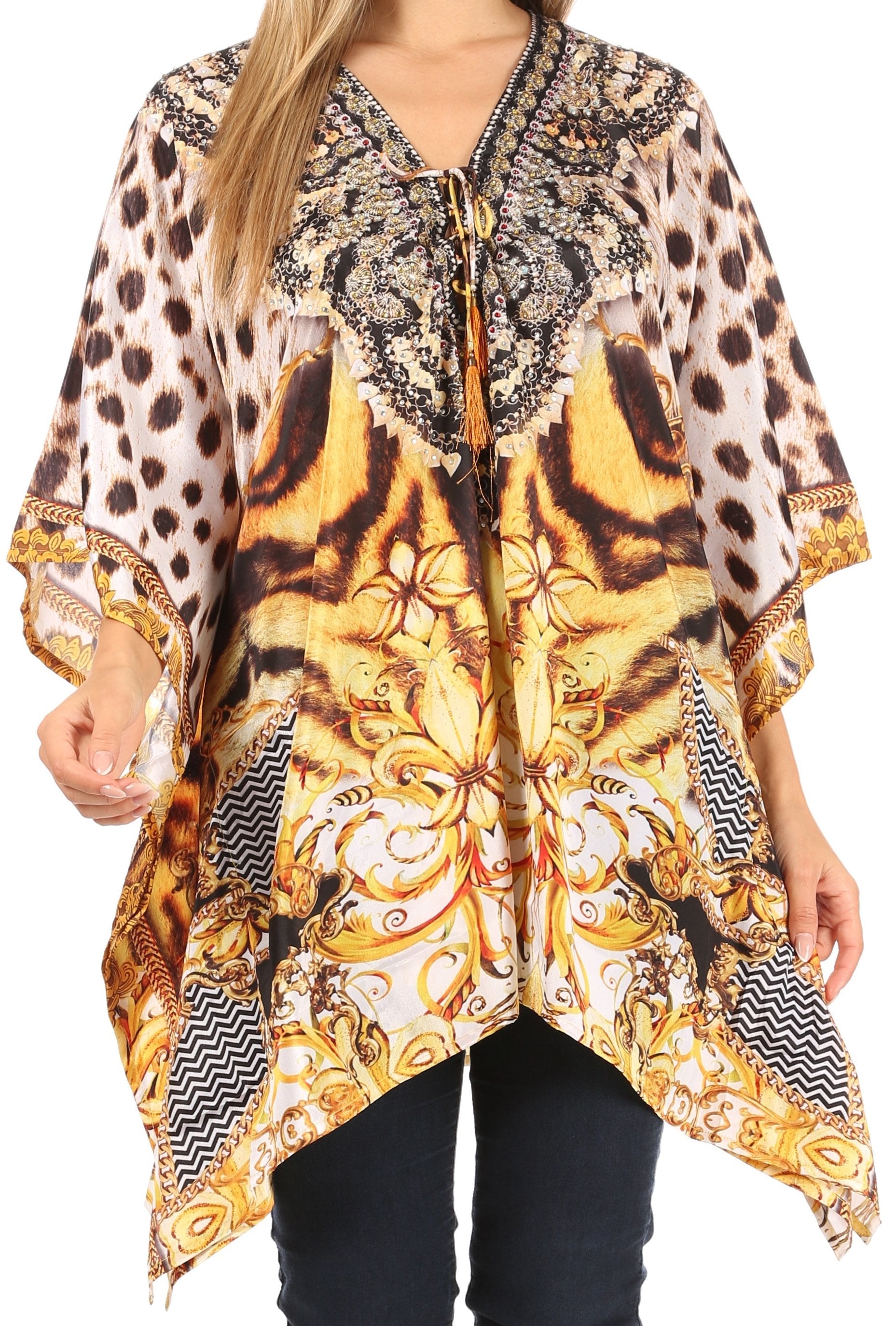 Stylish Rhinestone Lace-Up V-Neck Women's Caftan Poncho Cover-Up by Sakkas Aymee - Concordia Style Boutique