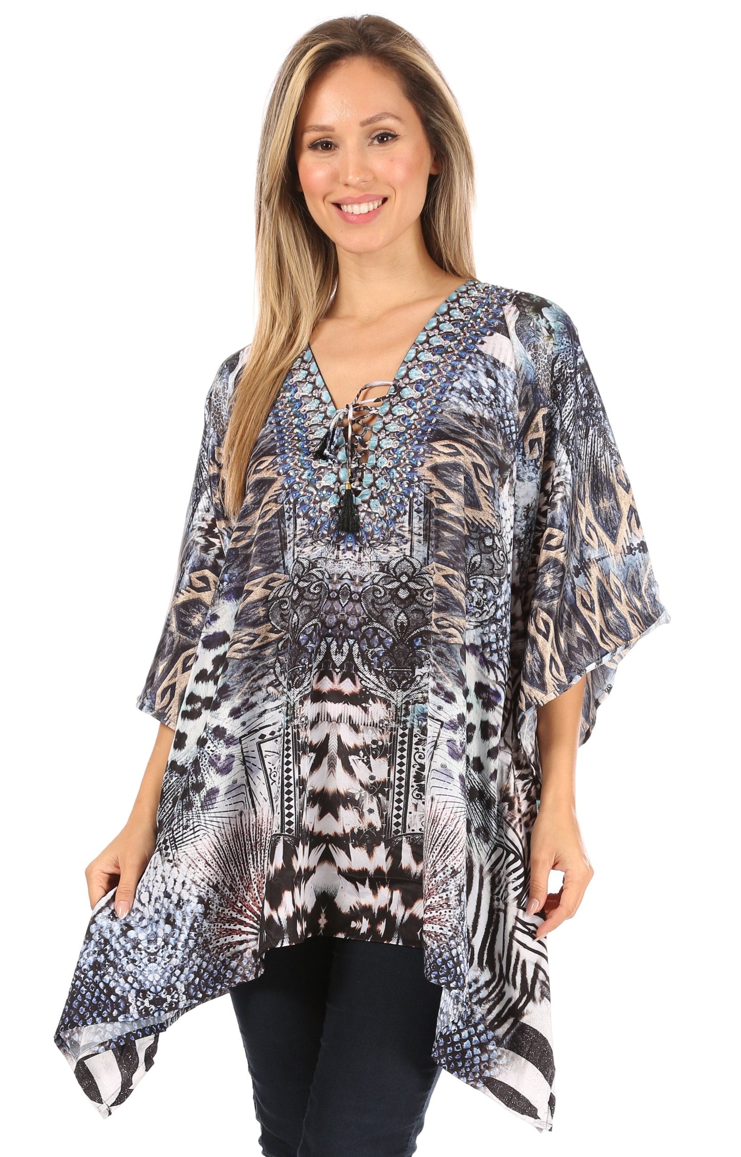 Stylish Rhinestone Lace-Up V-Neck Women's Caftan Poncho Cover-Up by Sakkas Aymee - Concordia Style Boutique