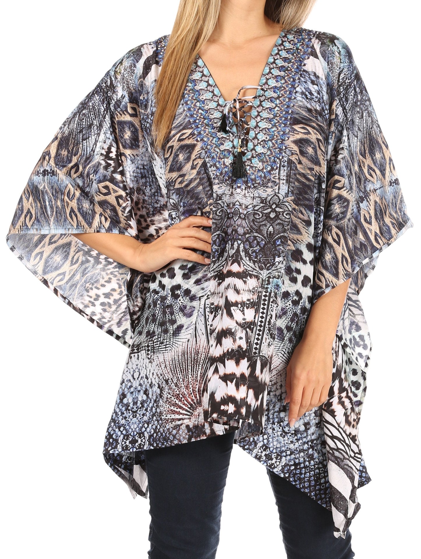 Stylish Rhinestone Lace-Up V-Neck Women's Caftan Poncho Cover-Up by Sakkas Aymee - Concordia Style Boutique