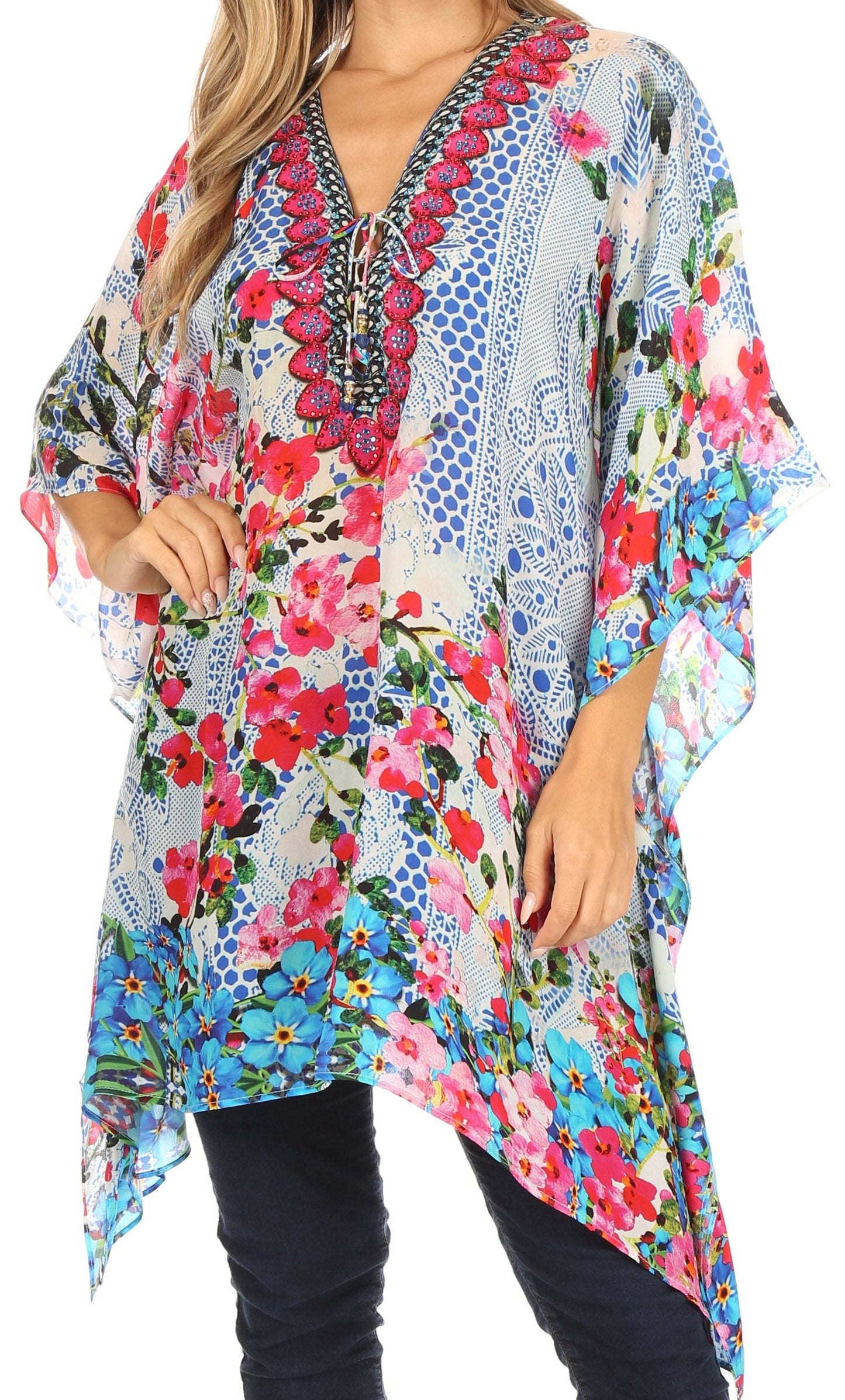 Stylish Rhinestone Lace-Up V-Neck Women's Caftan Poncho Cover-Up by Sakkas Aymee - Concordia Style Boutique