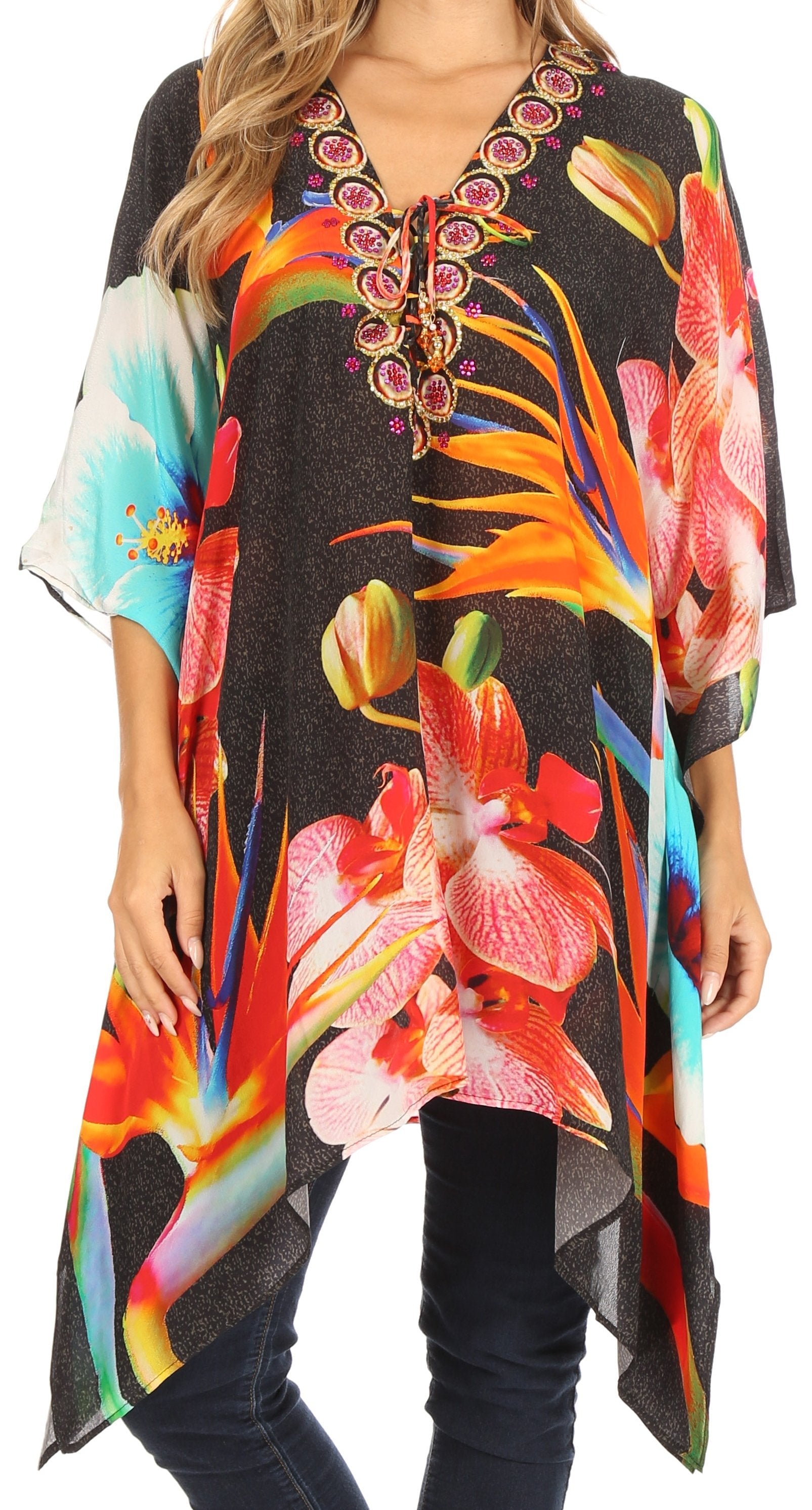 Stylish Rhinestone Lace-Up V-Neck Women's Caftan Poncho Cover-Up by Sakkas Aymee - Concordia Style Boutique