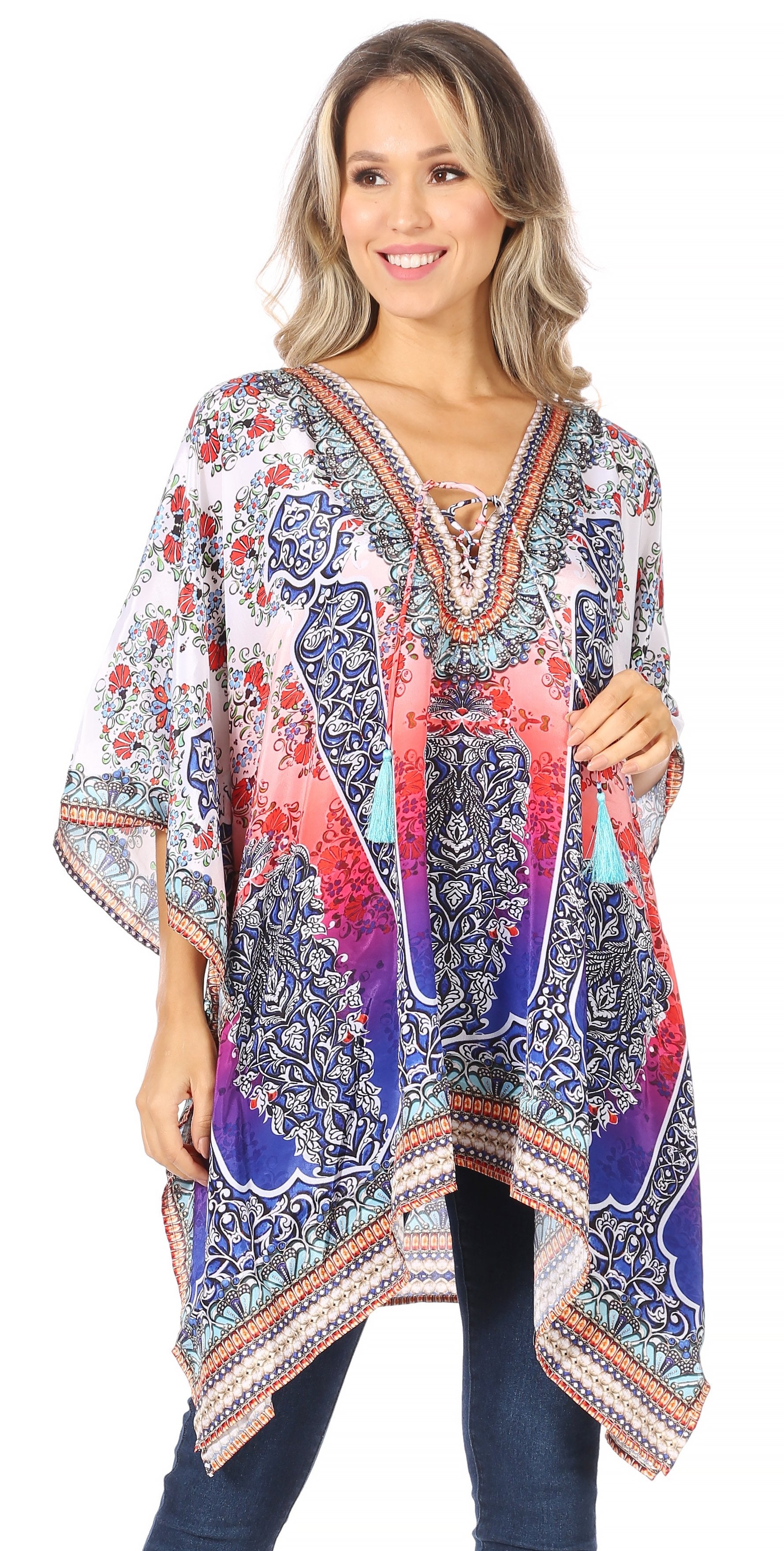Stylish Rhinestone Lace-Up V-Neck Women's Caftan Poncho Cover-Up by Sakkas Aymee - Concordia Style Boutique