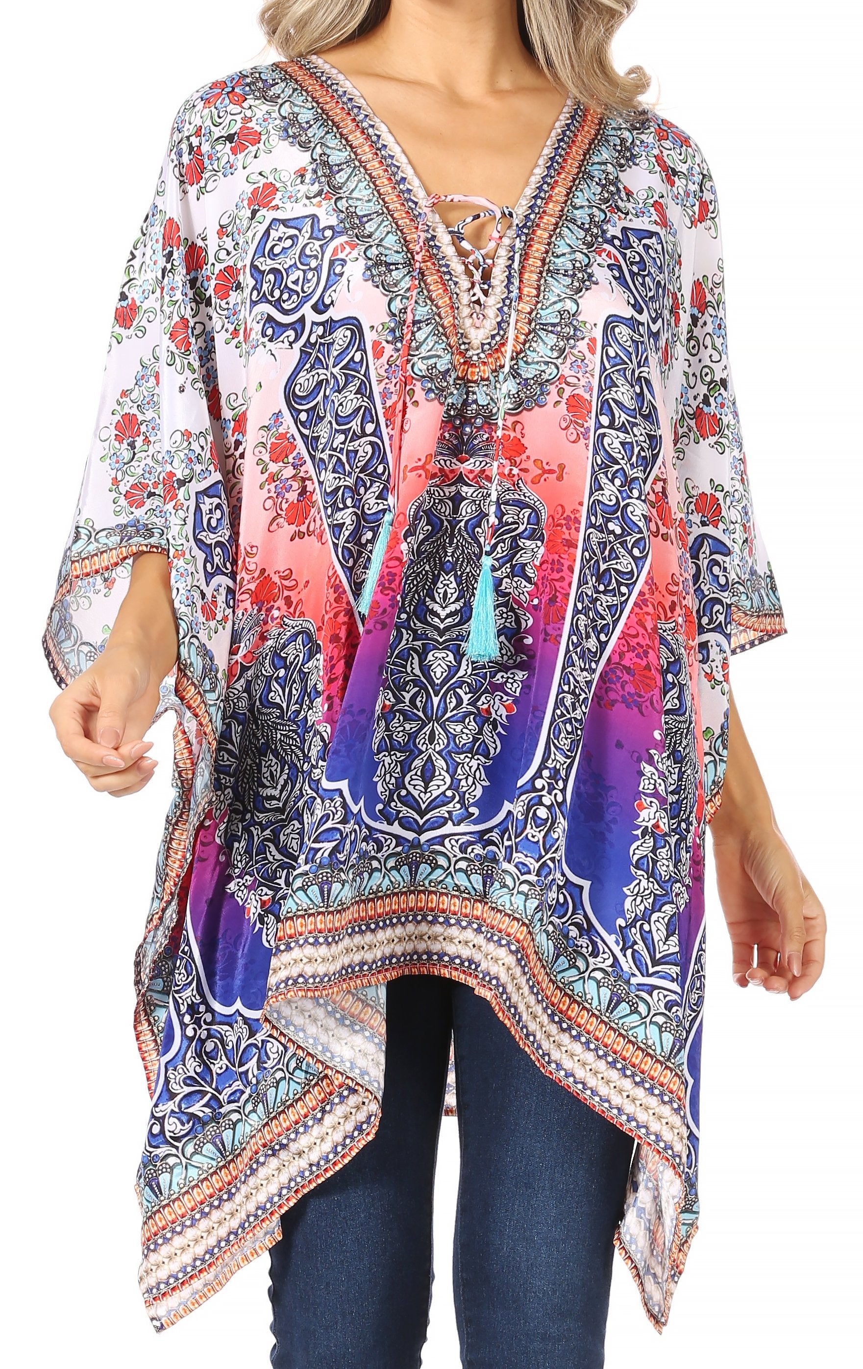 Stylish Rhinestone Lace-Up V-Neck Women's Caftan Poncho Cover-Up by Sakkas Aymee - Concordia Style Boutique