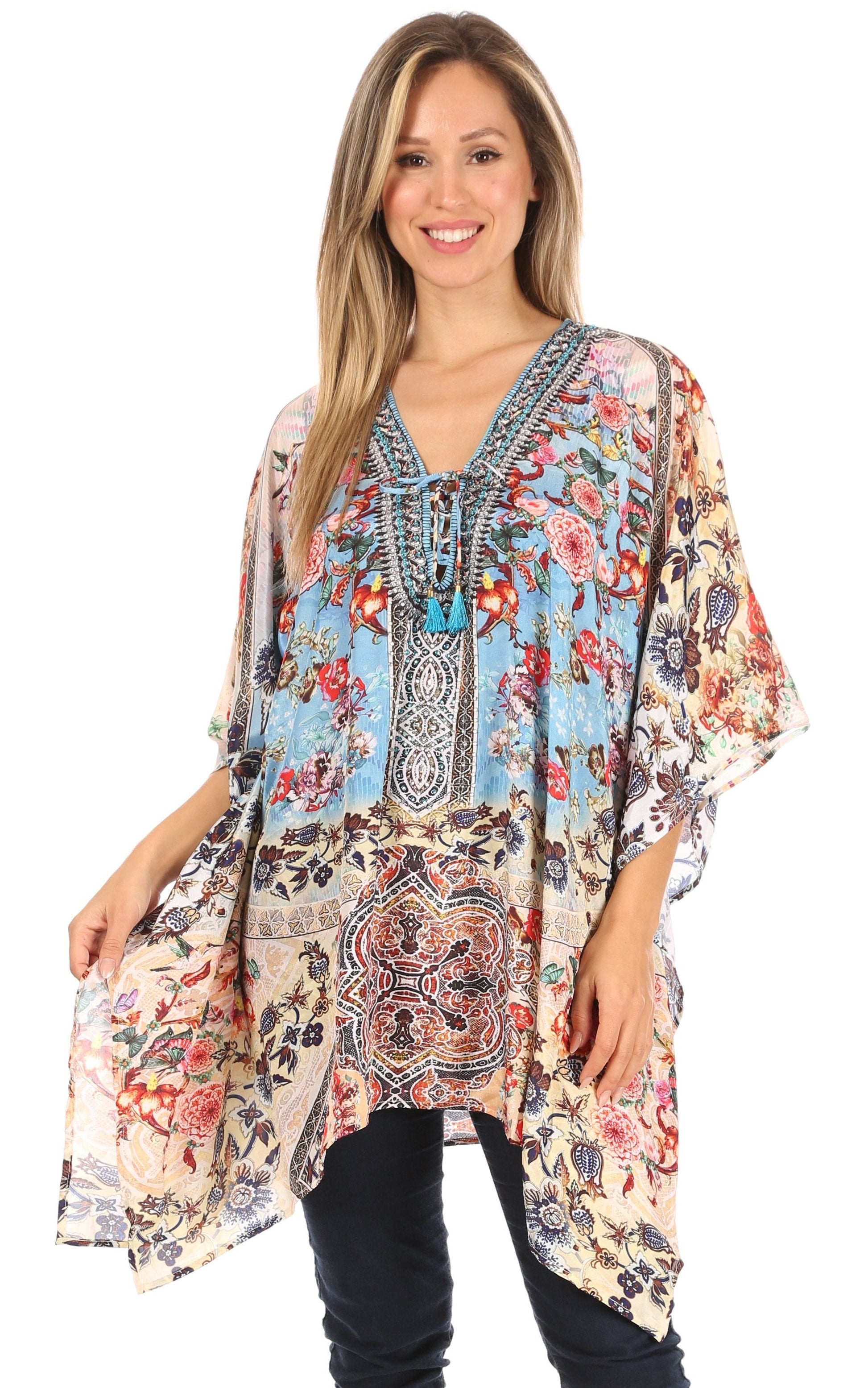Stylish Rhinestone Lace-Up V-Neck Women's Caftan Poncho Cover-Up by Sakkas Aymee - Concordia Style Boutique