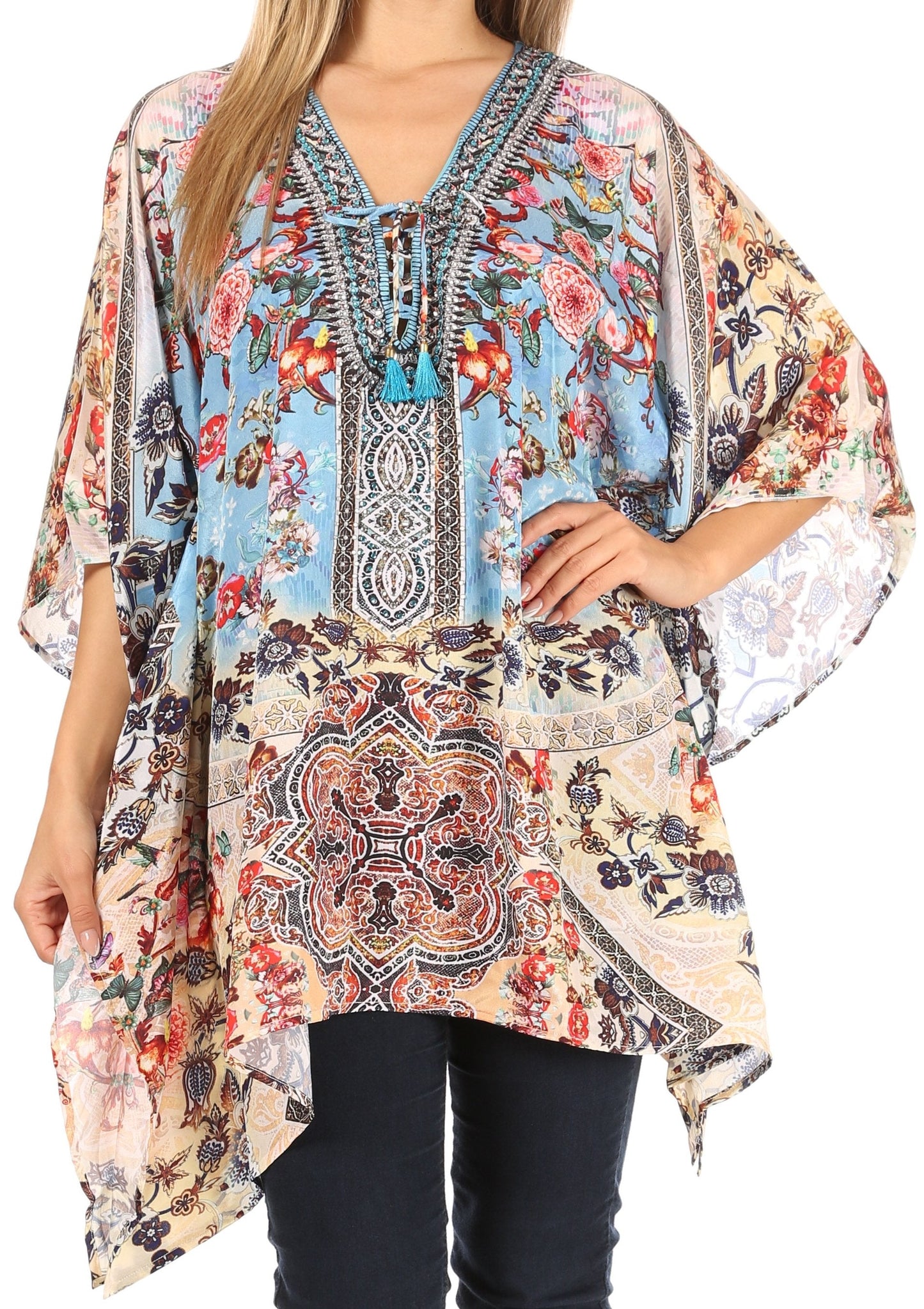 Stylish Rhinestone Lace-Up V-Neck Women's Caftan Poncho Cover-Up by Sakkas Aymee - Concordia Style Boutique
