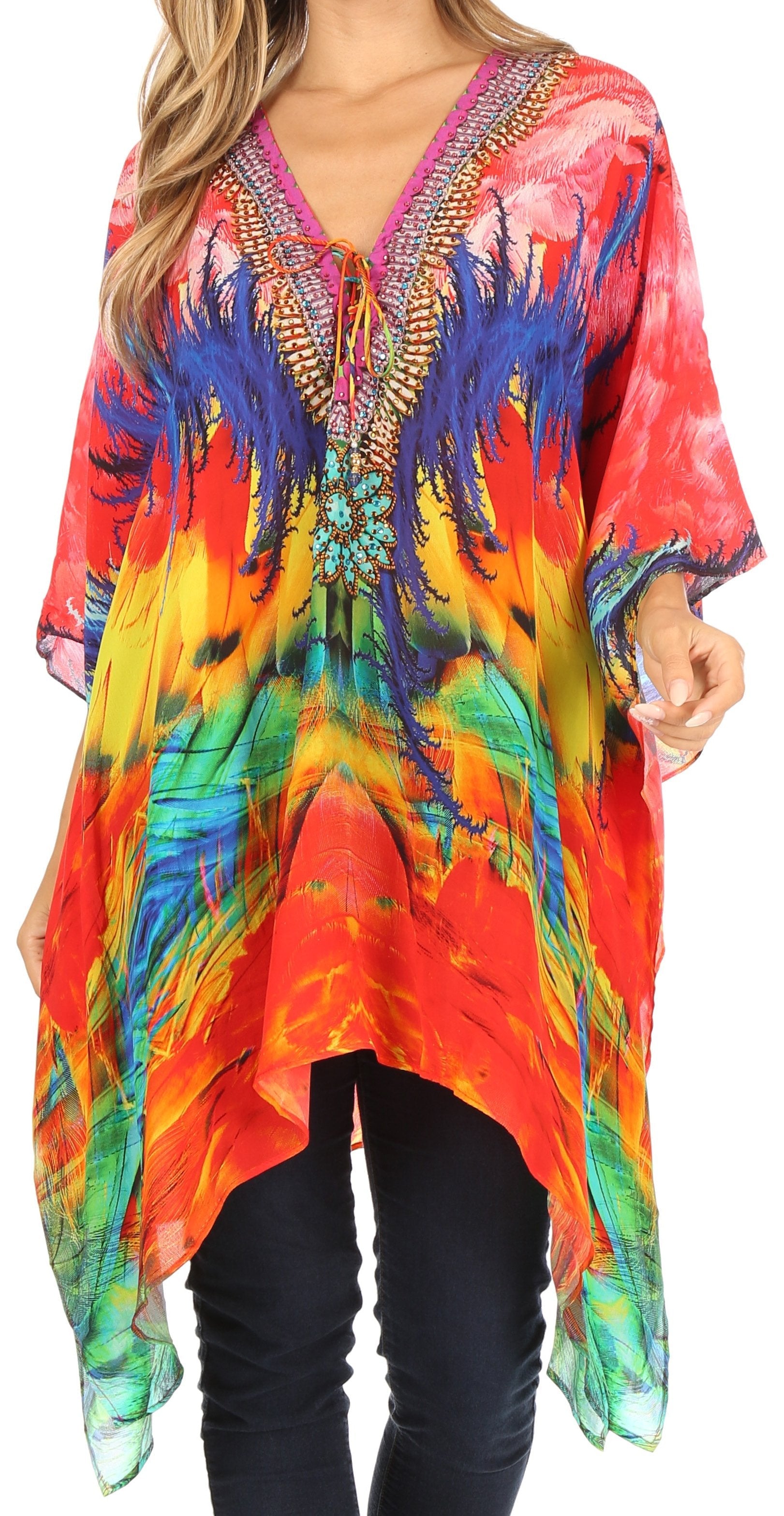 Stylish Rhinestone Lace-Up V-Neck Women's Caftan Poncho Cover-Up by Sakkas Aymee - Concordia Style Boutique