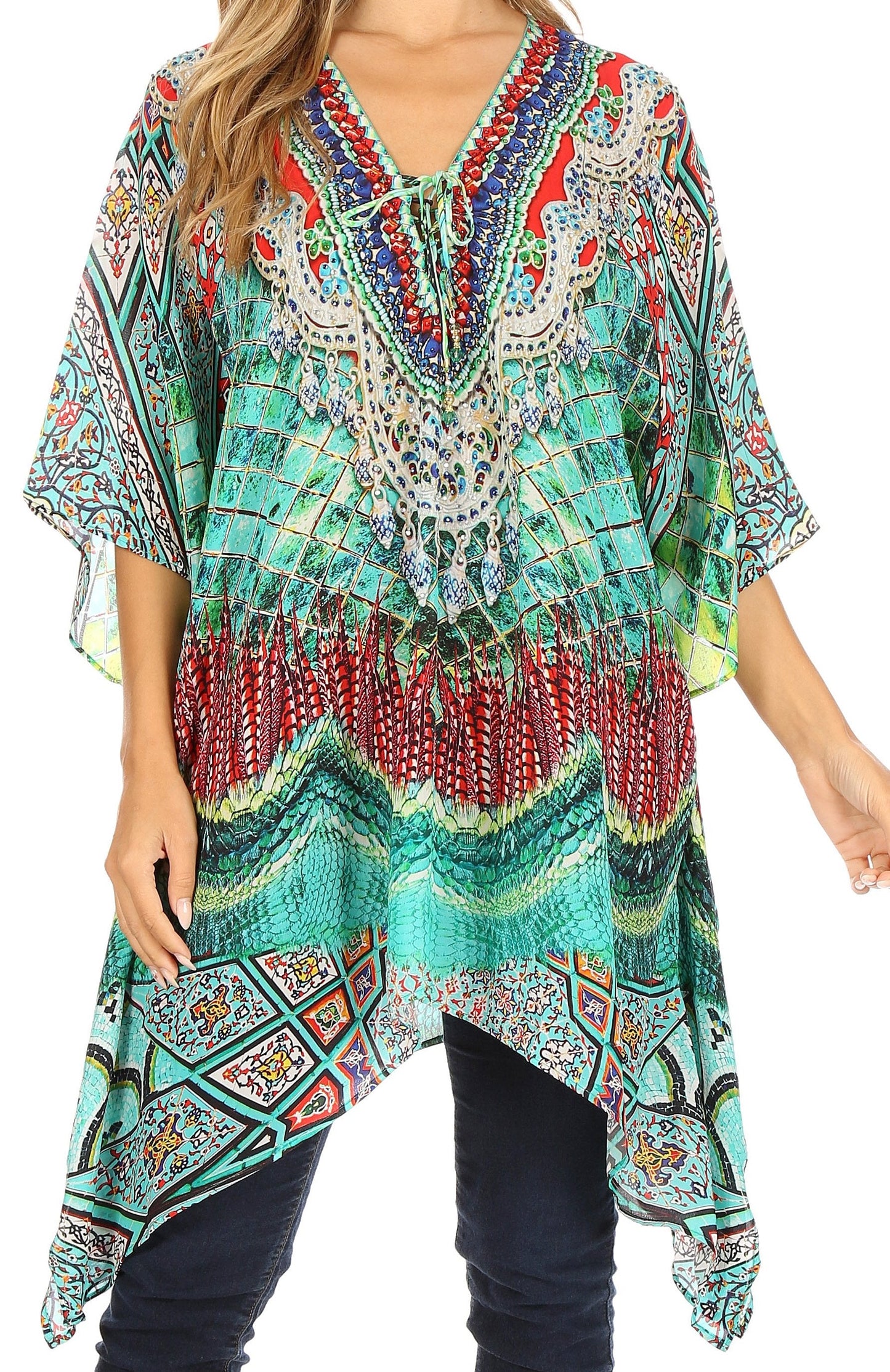 Stylish Rhinestone Lace-Up V-Neck Women's Caftan Poncho Cover-Up by Sakkas Aymee - Concordia Style Boutique