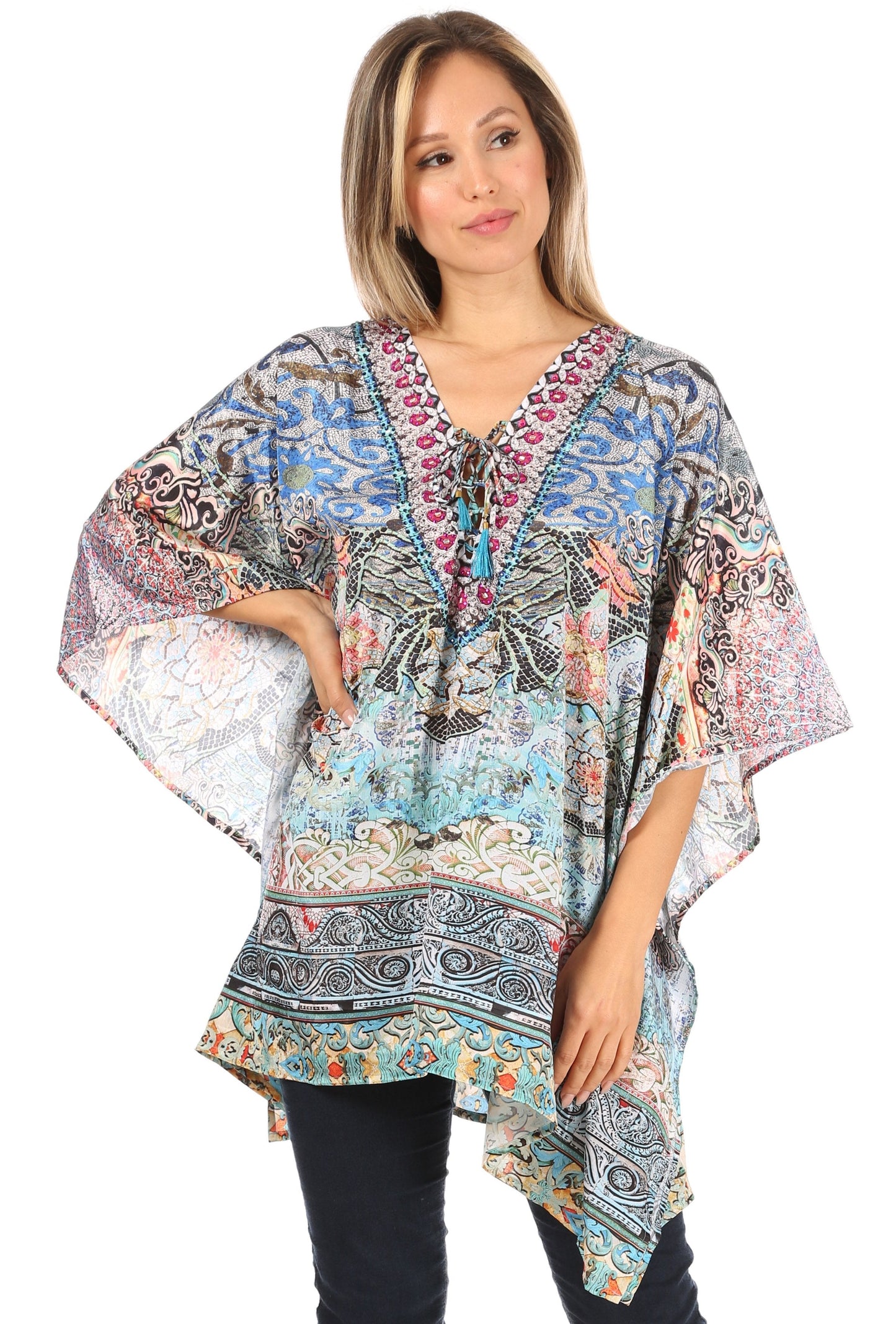 Stylish Rhinestone Lace-Up V-Neck Women's Caftan Poncho Cover-Up by Sakkas Aymee - Concordia Style Boutique