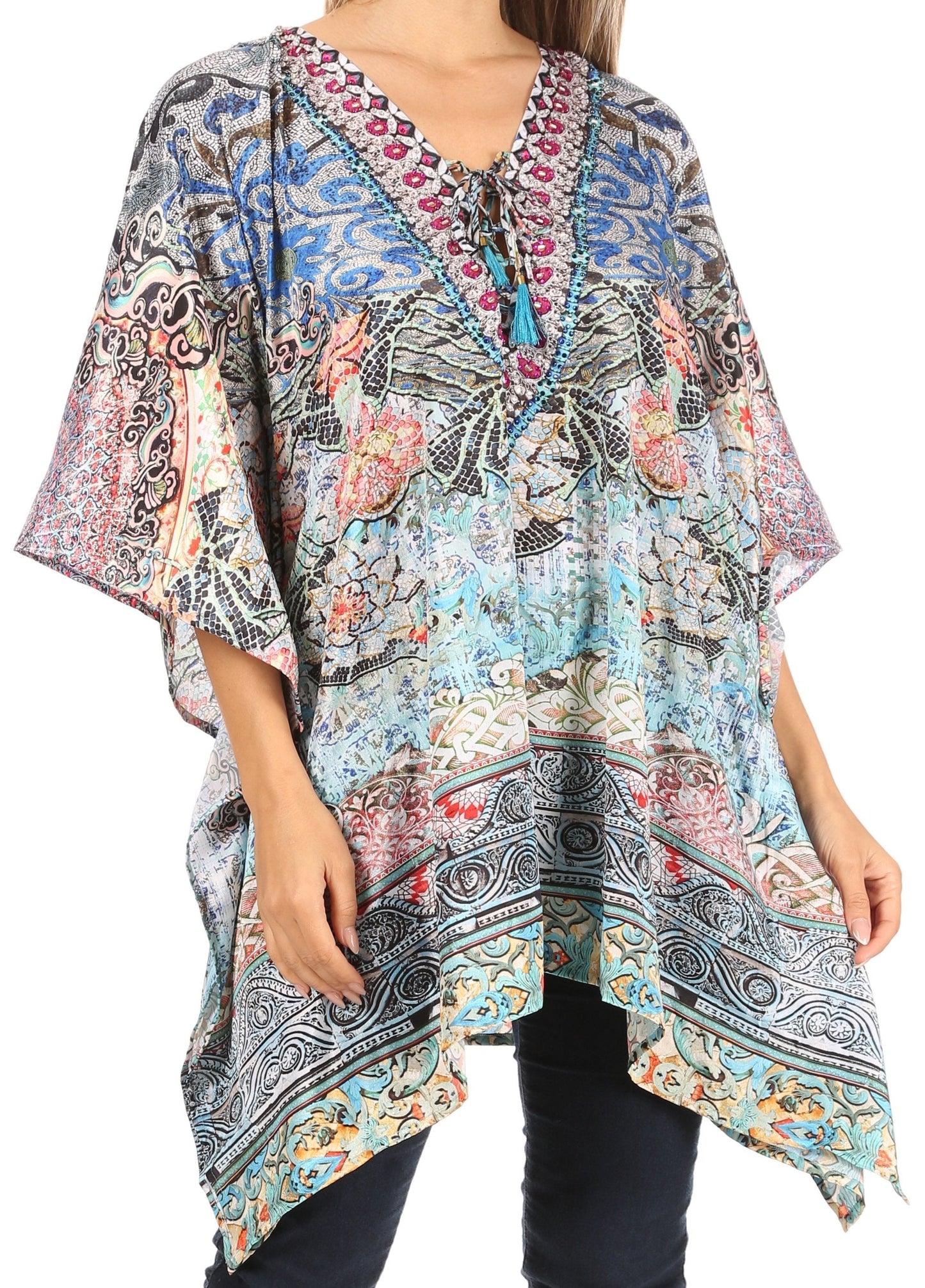 Stylish Rhinestone Lace-Up V-Neck Women's Caftan Poncho Cover-Up by Sakkas Aymee - Concordia Style Boutique