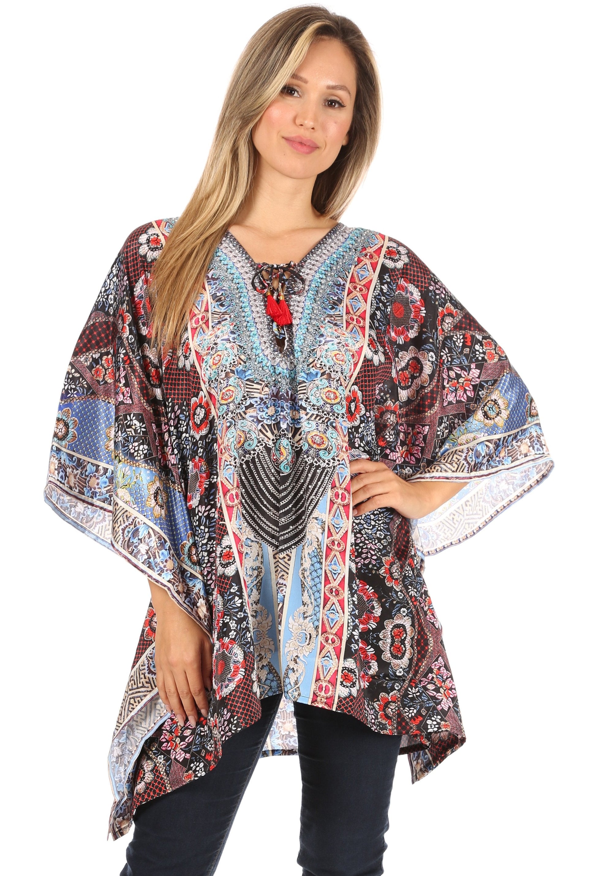 Stylish Rhinestone Lace-Up V-Neck Women's Caftan Poncho Cover-Up by Sakkas Aymee - Concordia Style Boutique