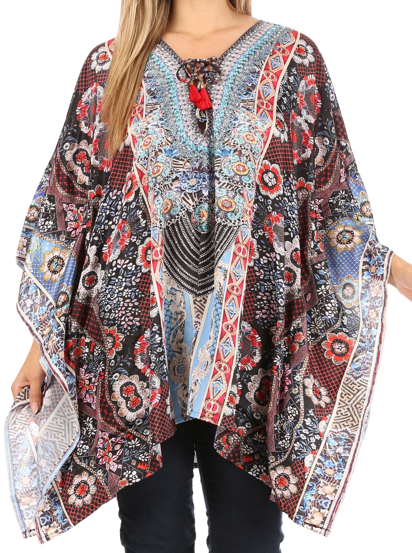 Stylish Rhinestone Lace-Up V-Neck Women's Caftan Poncho Cover-Up by Sakkas Aymee - Concordia Style Boutique
