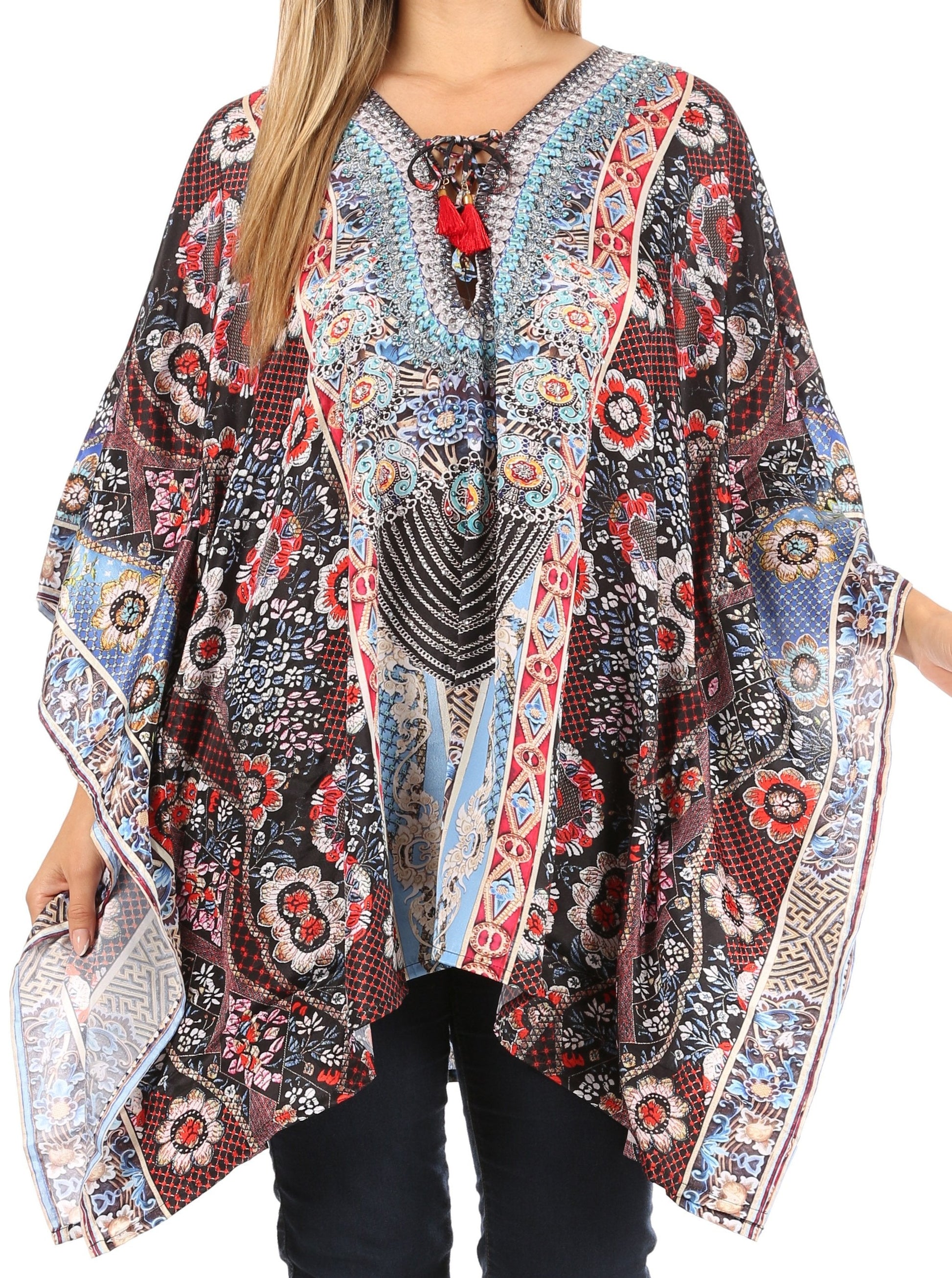 Stylish Rhinestone Lace-Up V-Neck Women's Caftan Poncho Cover-Up by Sakkas Aymee - Concordia Style Boutique