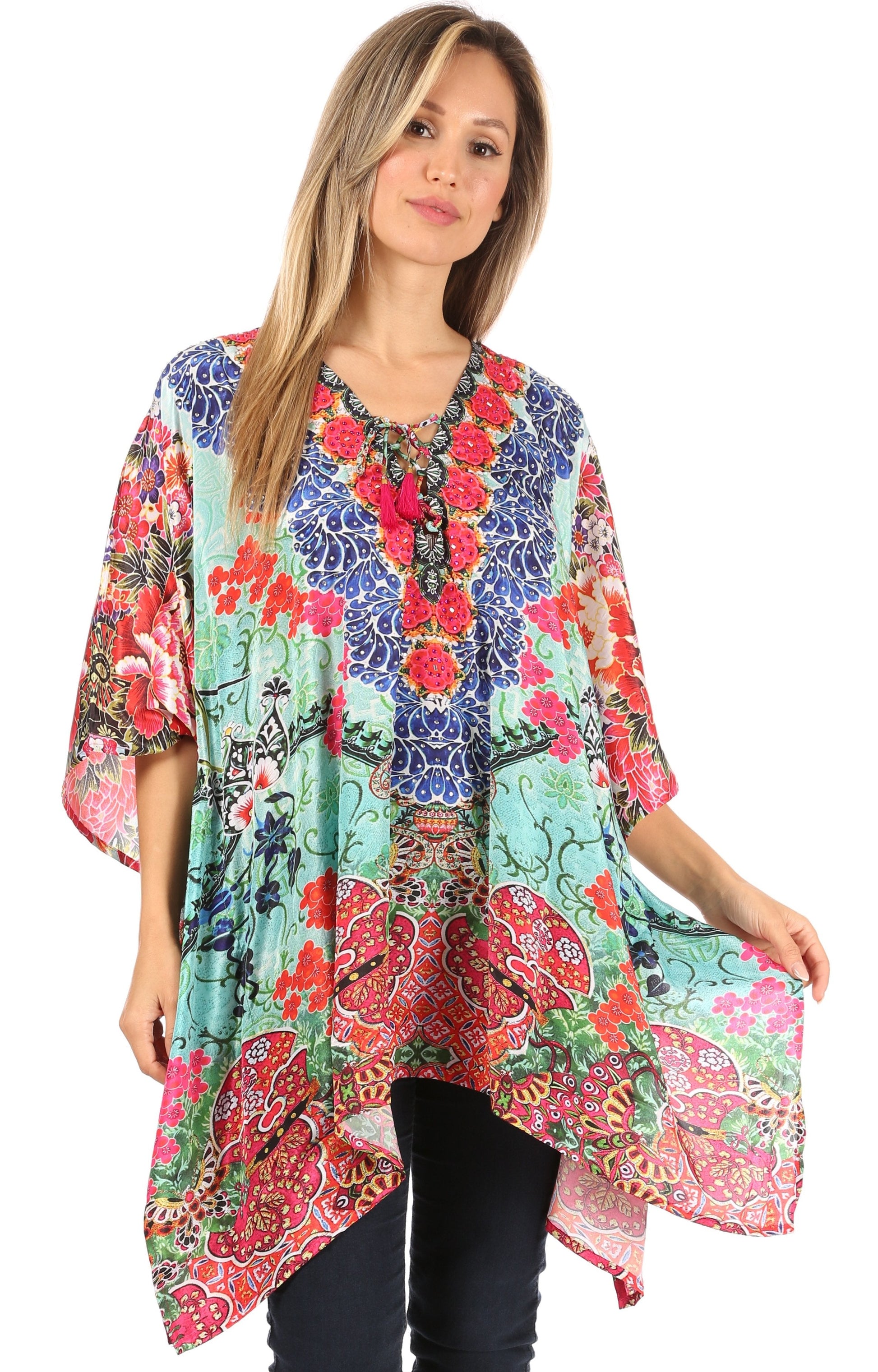 Stylish Rhinestone Lace-Up V-Neck Women's Caftan Poncho Cover-Up by Sakkas Aymee - Concordia Style Boutique