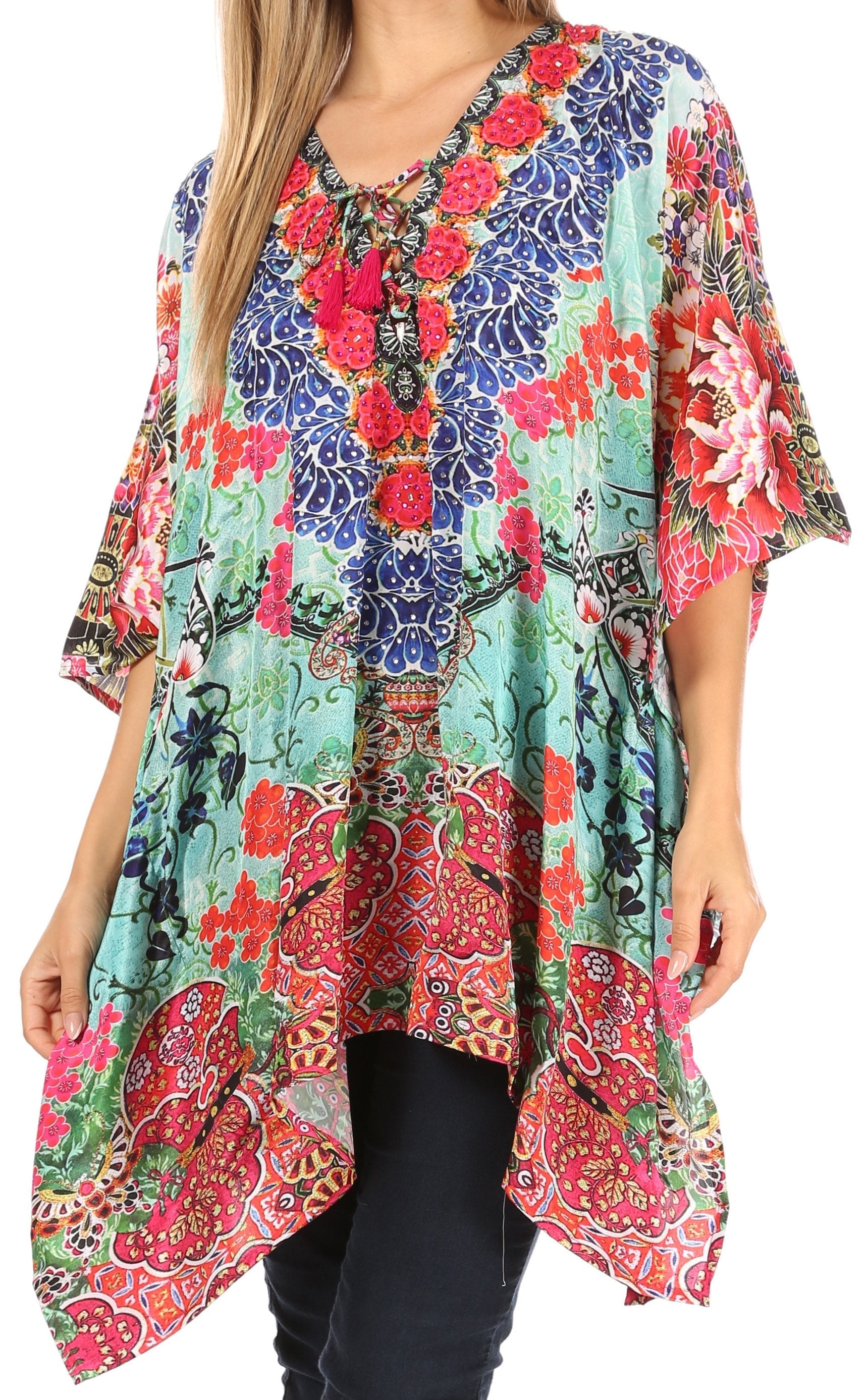 Stylish Rhinestone Lace-Up V-Neck Women's Caftan Poncho Cover-Up by Sakkas Aymee - Concordia Style Boutique