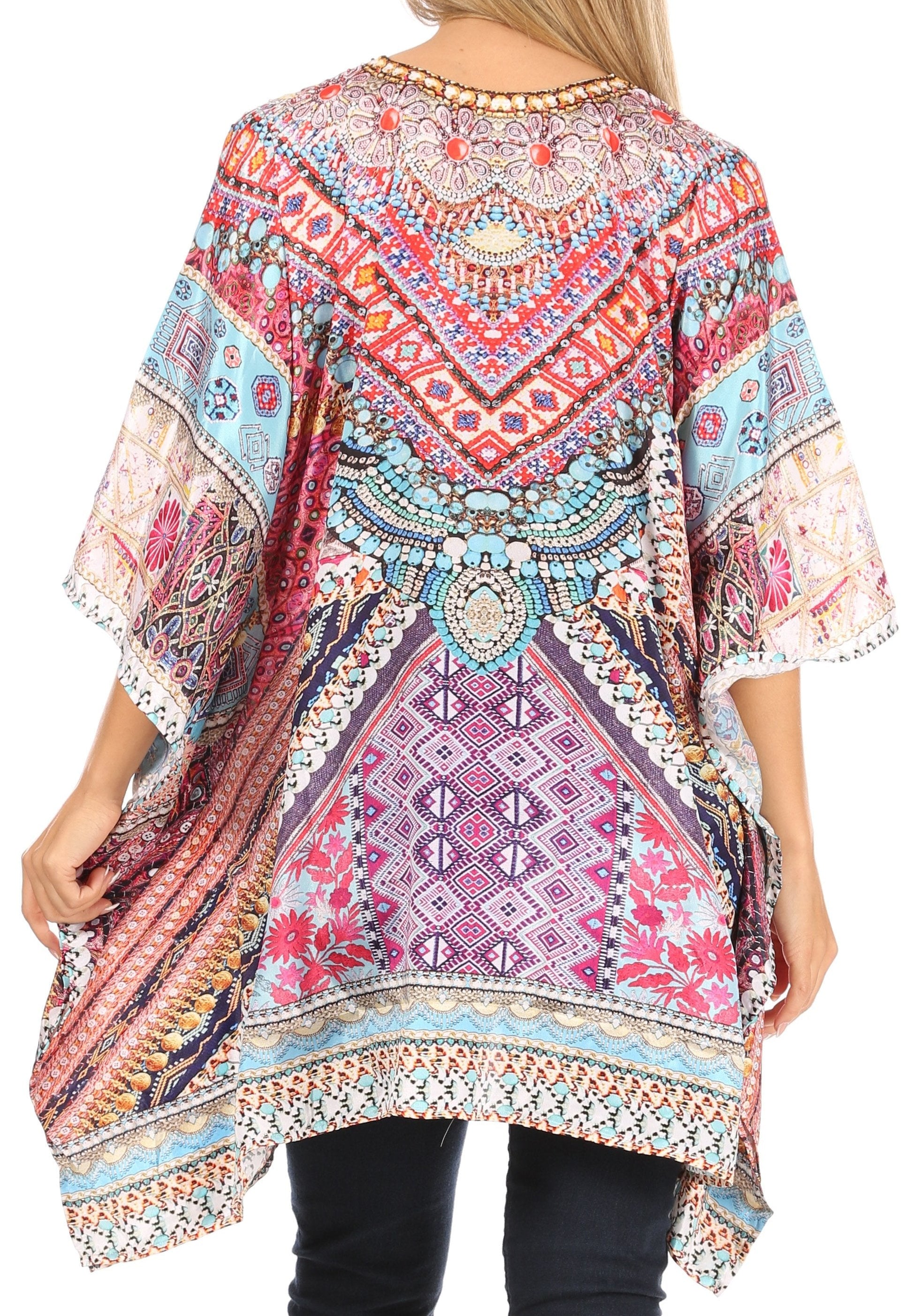 Stylish Rhinestone Lace-Up V-Neck Women's Caftan Poncho Cover-Up by Sakkas Aymee - Concordia Style Boutique