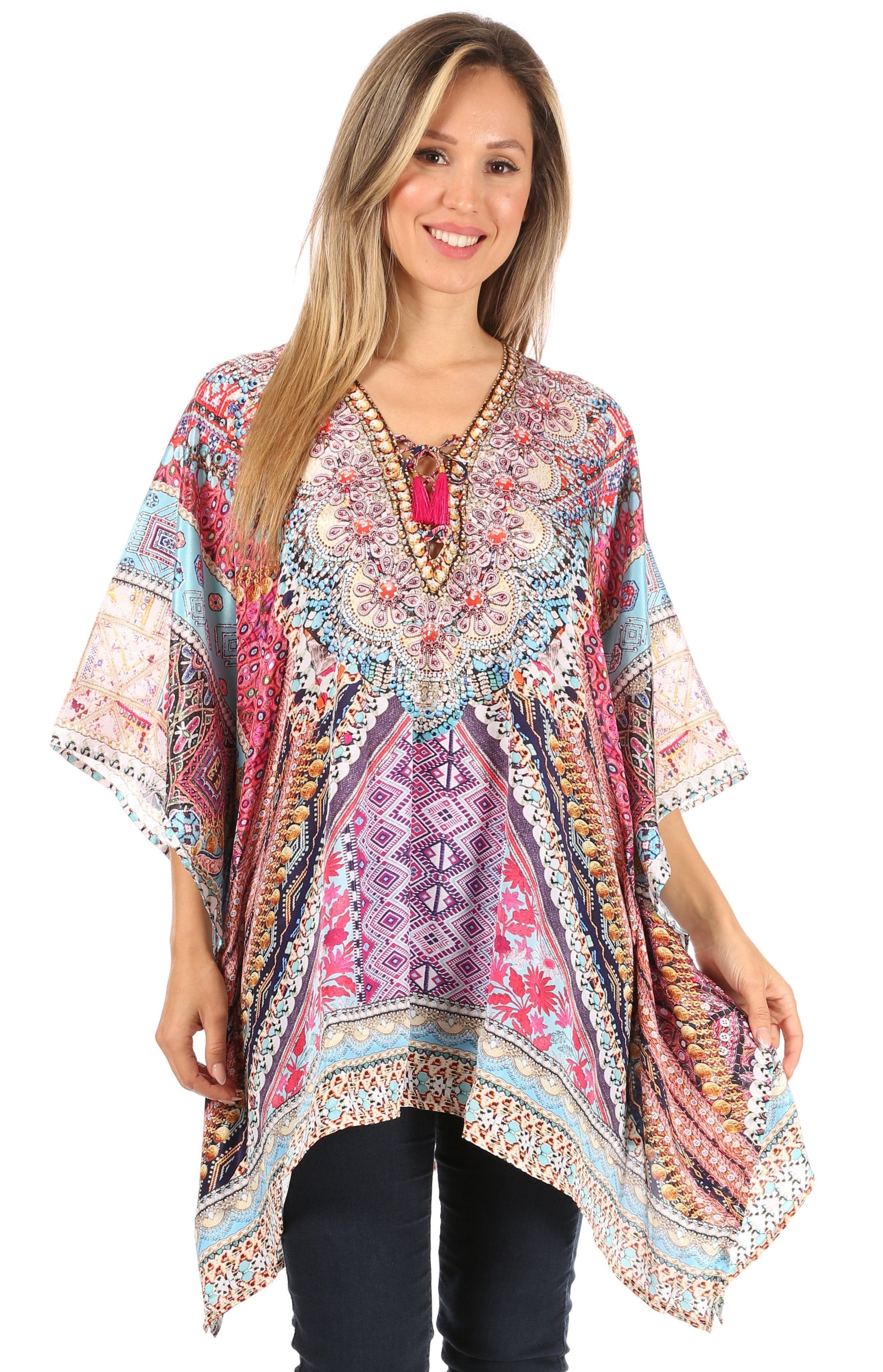 Stylish Rhinestone Lace-Up V-Neck Women's Caftan Poncho Cover-Up by Sakkas Aymee - Concordia Style Boutique