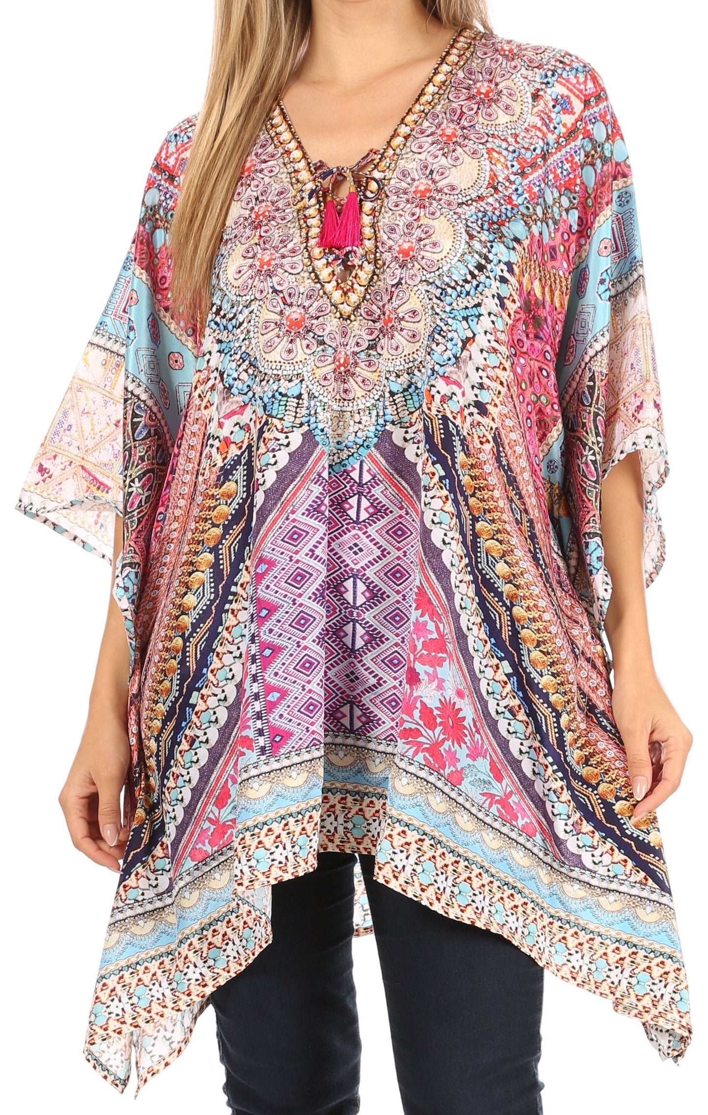 Stylish Rhinestone Lace-Up V-Neck Women's Caftan Poncho Cover-Up by Sakkas Aymee - Concordia Style Boutique