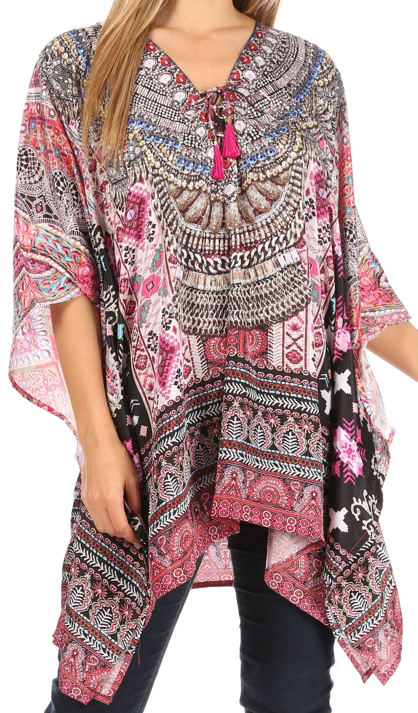 Stylish Rhinestone Lace-Up V-Neck Women's Caftan Poncho Cover-Up by Sakkas Aymee - Concordia Style Boutique