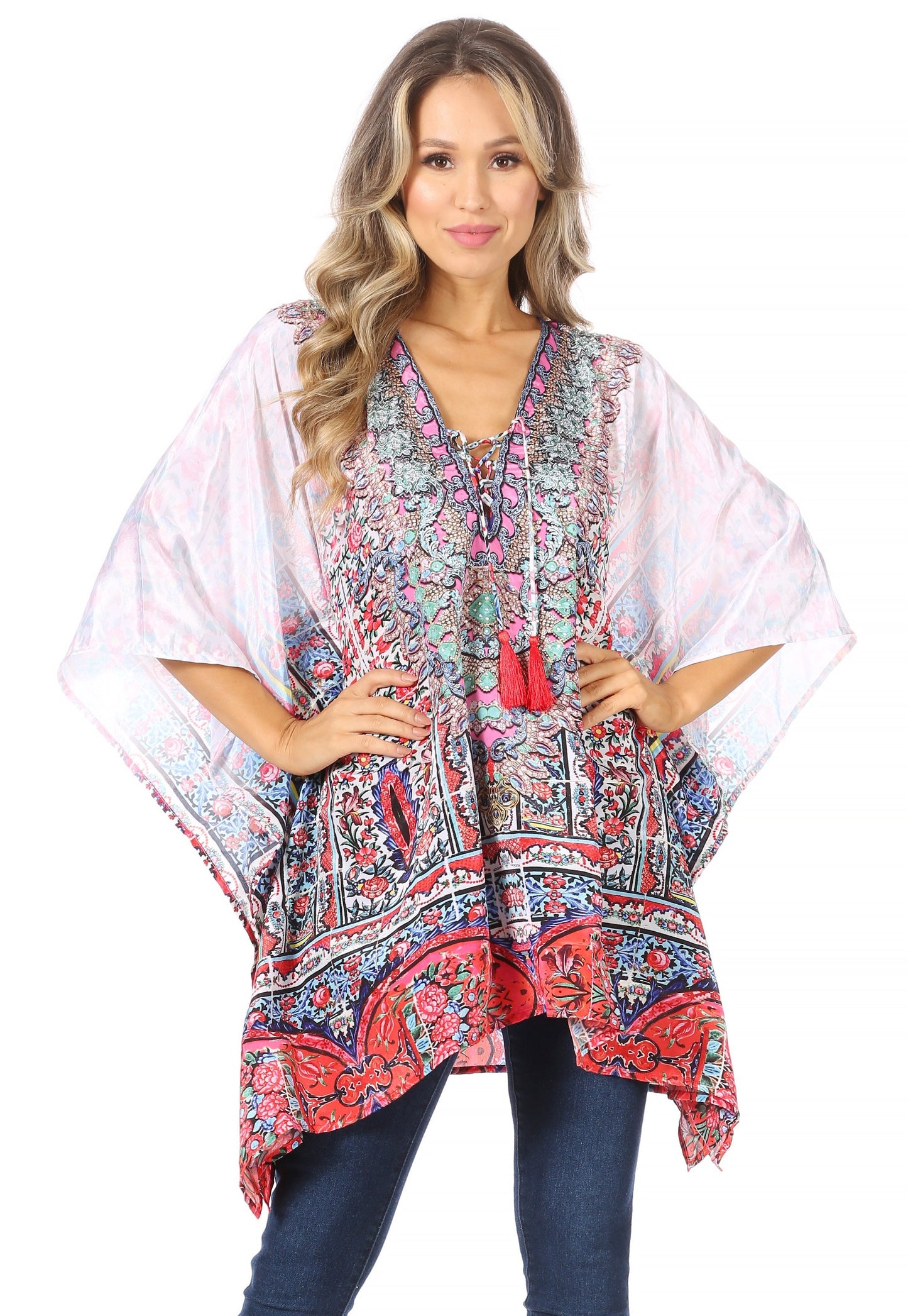 Stylish Rhinestone Lace-Up V-Neck Women's Caftan Poncho Cover-Up by Sakkas Aymee - Concordia Style Boutique
