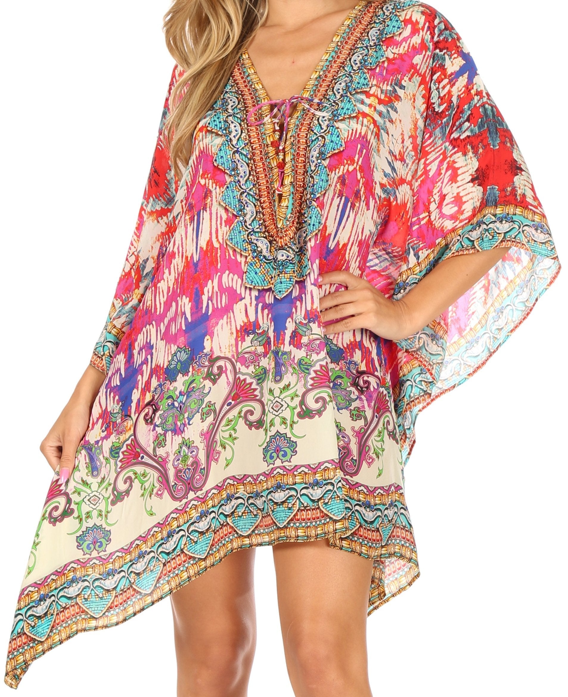 Stylish Rhinestone Lace-Up V-Neck Women's Caftan Poncho Cover-Up by Sakkas Aymee - Concordia Style Boutique