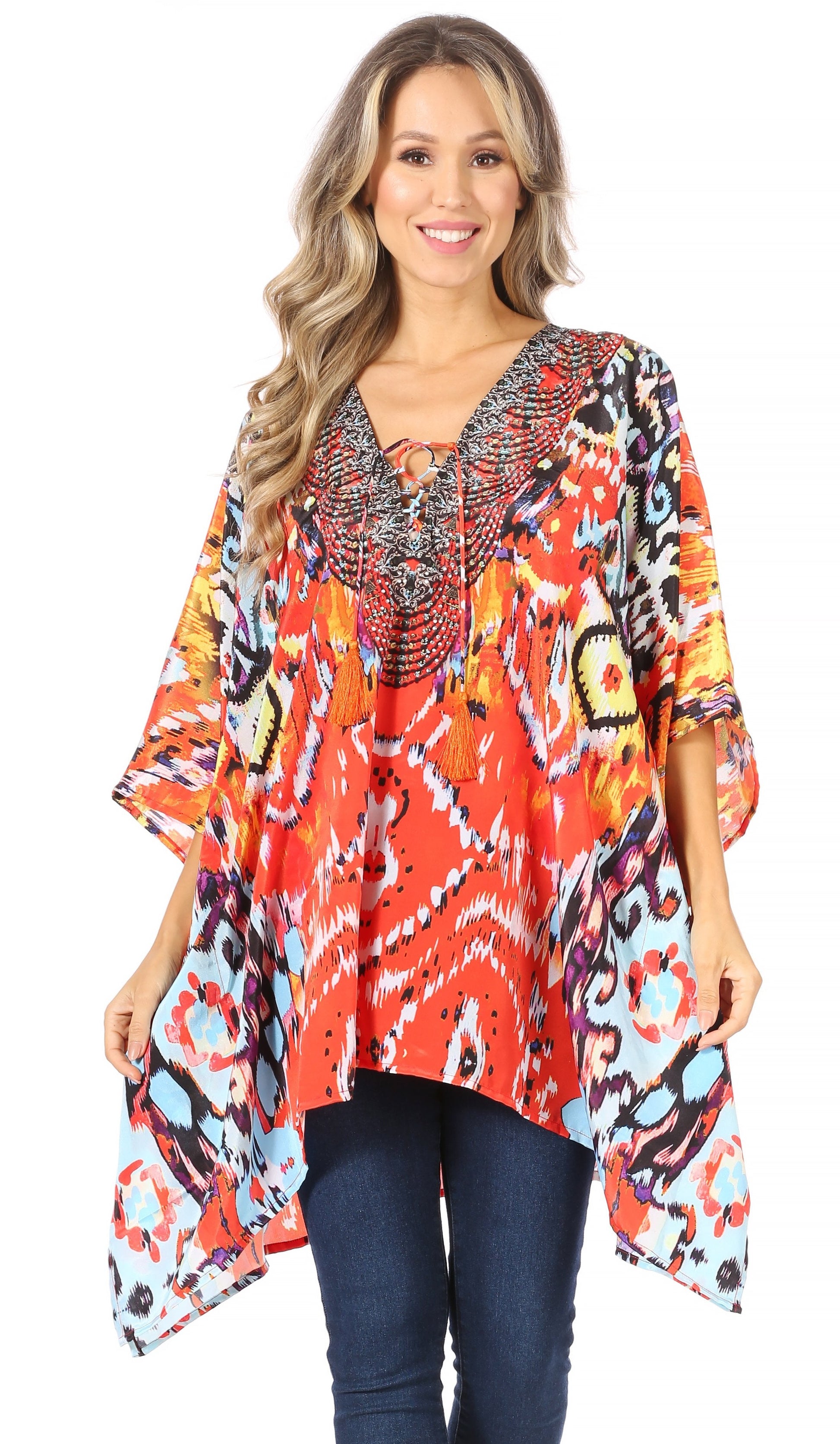 Stylish Rhinestone Lace-Up V-Neck Women's Caftan Poncho Cover-Up by Sakkas Aymee - Concordia Style Boutique
