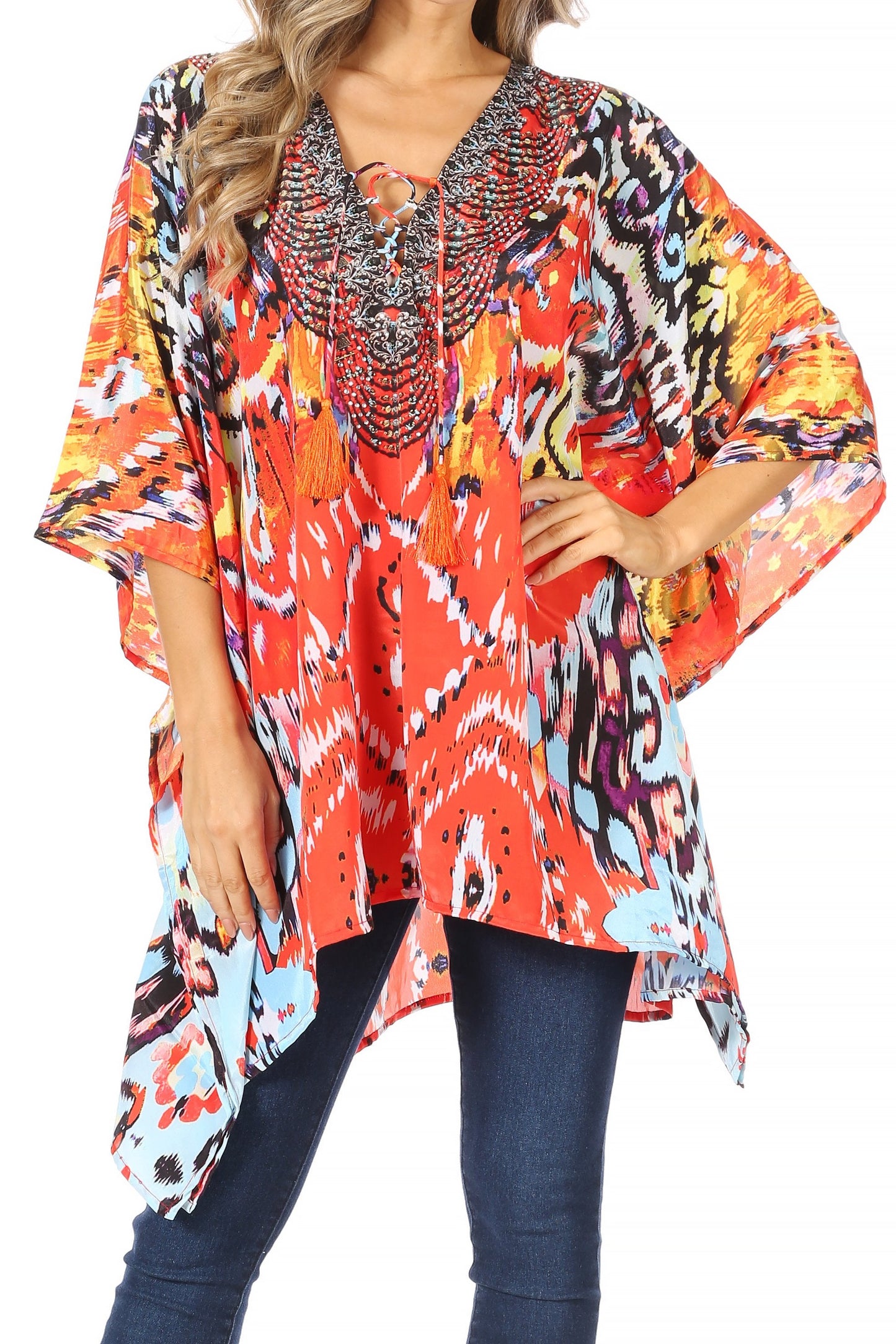Stylish Rhinestone Lace-Up V-Neck Women's Caftan Poncho Cover-Up by Sakkas Aymee - Concordia Style Boutique