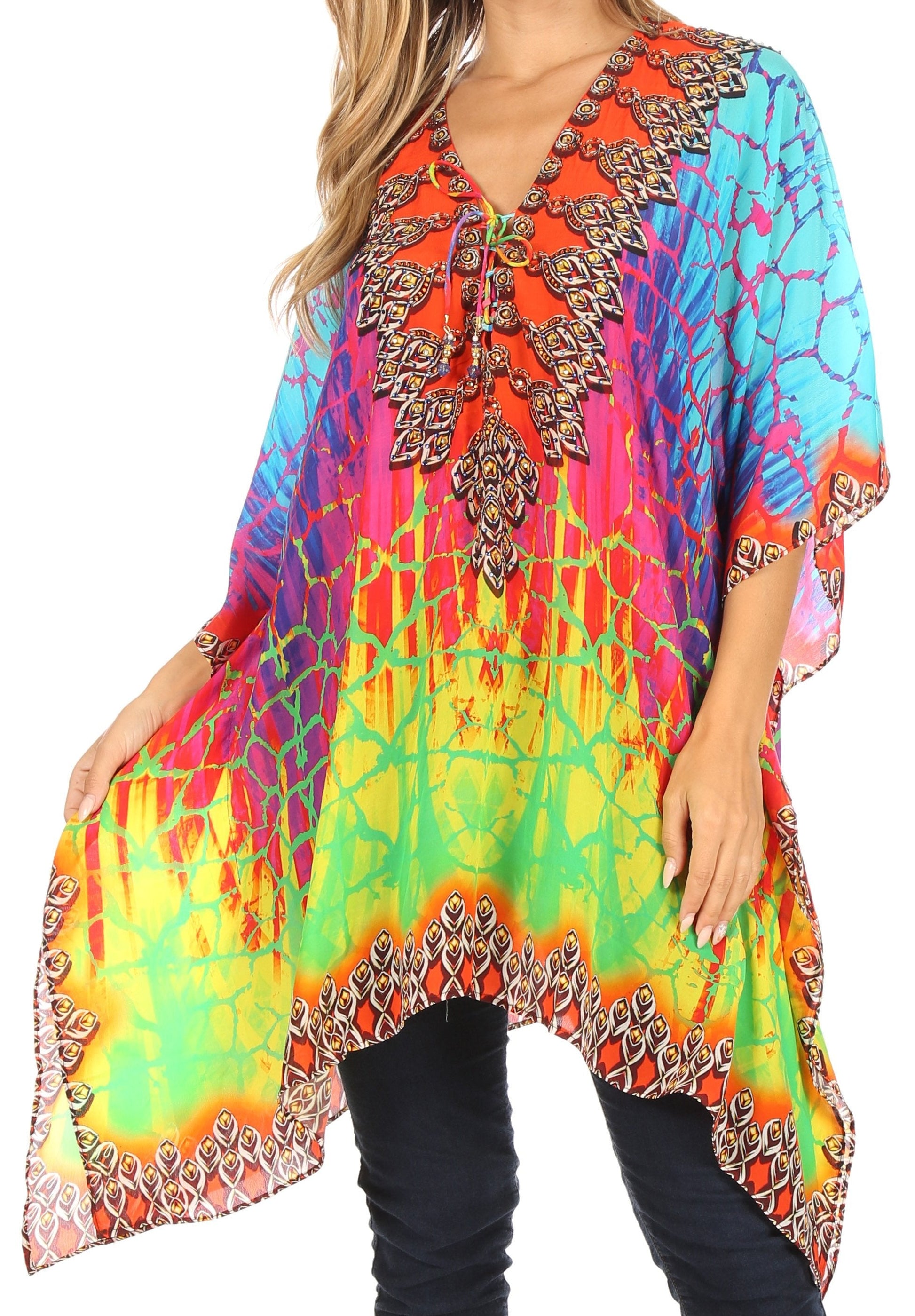 Stylish Rhinestone Lace-Up V-Neck Women's Caftan Poncho Cover-Up by Sakkas Aymee - Concordia Style Boutique