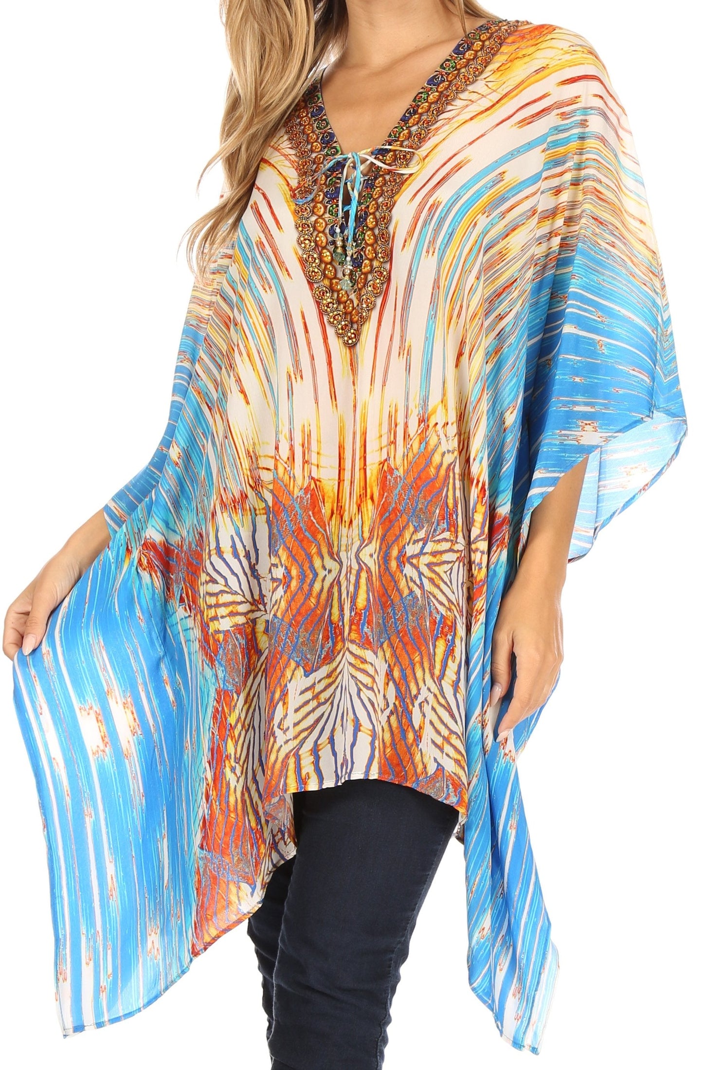 Stylish Rhinestone Lace-Up V-Neck Women's Caftan Poncho Cover-Up by Sakkas Aymee - Concordia Style Boutique